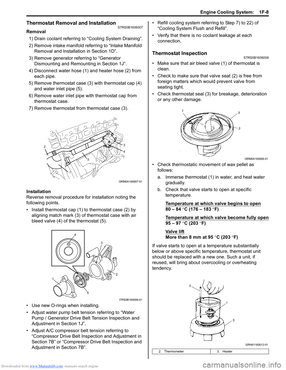 SUZUKI SWIFT 2006 2.G Service Workshop Manual Downloaded from www.Manualslib.com manuals search engine Engine Cooling System:  1F-8
Thermostat Removal and InstallationS7RS0B1606007
Removal1) Drain coolant referring to “Cooling System Draining�