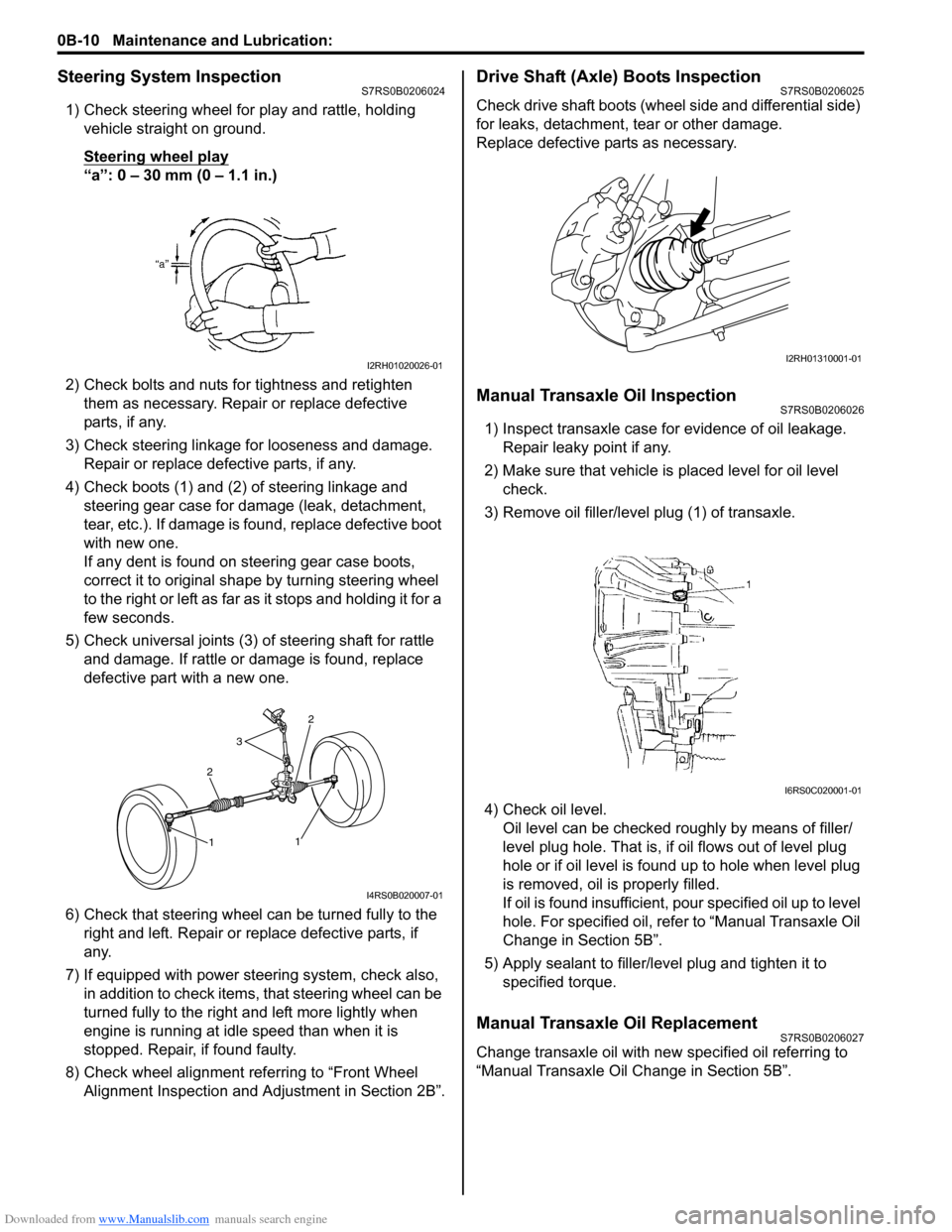 SUZUKI SWIFT 2006 2.G Service Owners Guide Downloaded from www.Manualslib.com manuals search engine 0B-10 Maintenance and Lubrication: 
Steering System InspectionS7RS0B0206024
1) Check steering wheel for play and rattle, holding vehicle straig