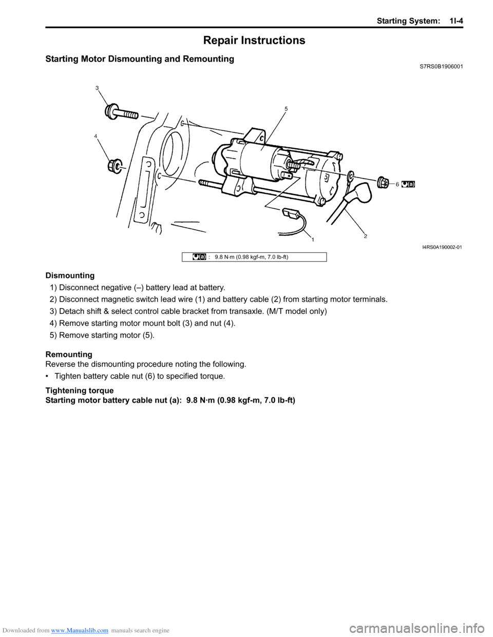 SUZUKI SWIFT 2006 2.G Service Workshop Manual Downloaded from www.Manualslib.com manuals search engine Starting System:  1I-4
Repair Instructions
Starting Motor Dismounting and RemountingS7RS0B1906001
Dismounting1) Disconnect negative (–) batte