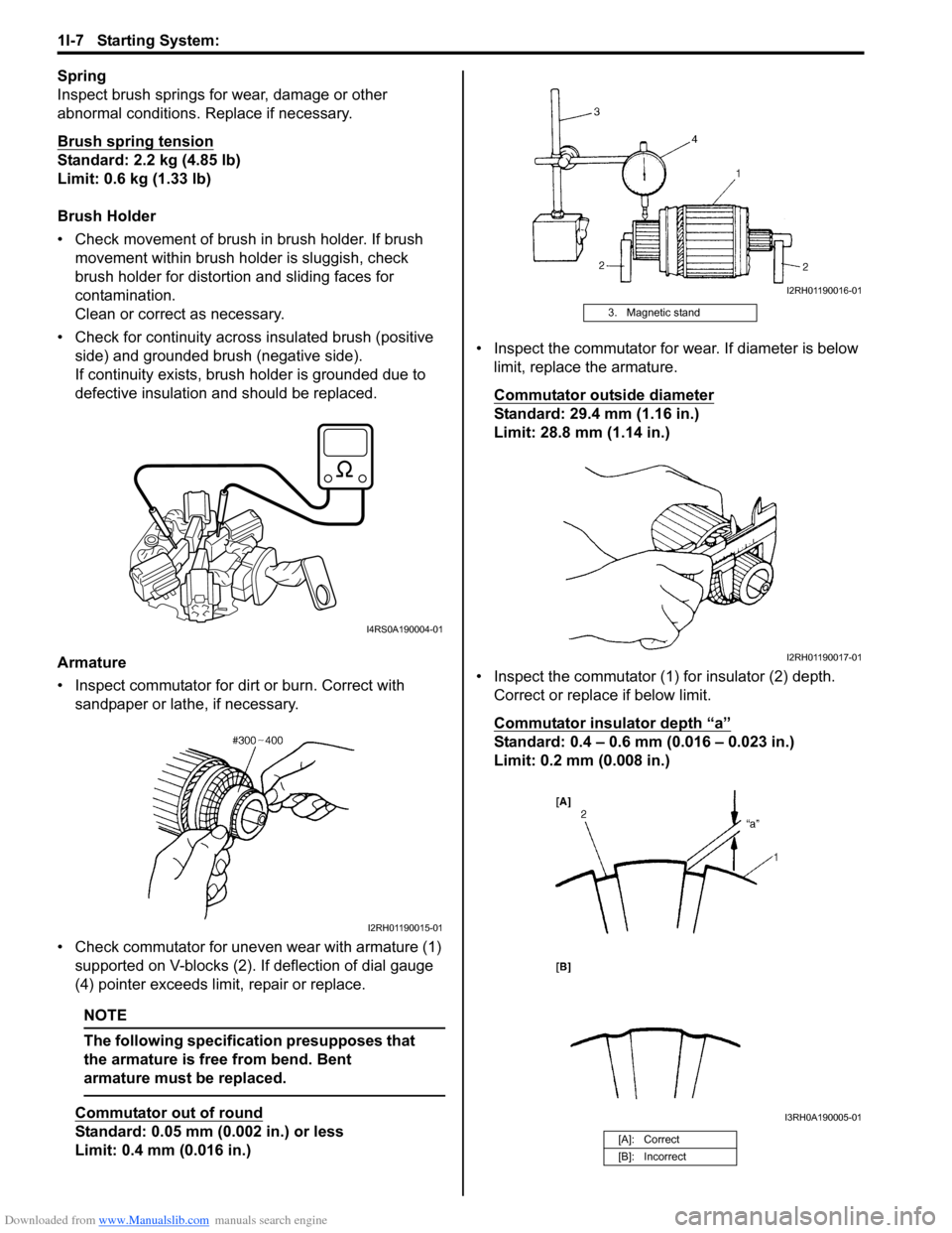 SUZUKI SWIFT 2007 2.G Service Owners Guide Downloaded from www.Manualslib.com manuals search engine 1I-7 Starting System:
Spring
Inspect brush springs for wear, damage or other
abnormal conditions. Replace if necessary.
Brush spring tension
SUZUKI SWIFT 2007 2.G Service Owners Guide Downloaded from www.Manualslib.com manuals search engine 1I-7 Starting System:
Spring
Inspect brush springs for wear, damage or other
abnormal conditions. Replace if necessary.
Brush spring tension