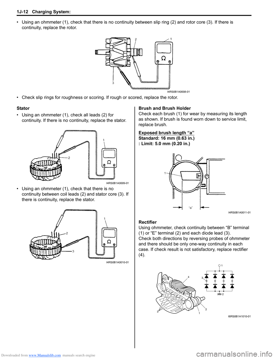 SUZUKI SWIFT 2006 2.G Service Workshop Manual Downloaded from www.Manualslib.com manuals search engine 1J-12 Charging System: 
• Using an ohmmeter (1), check that there is no continuity between slip ring (2) and rotor core (3). If there is 
con