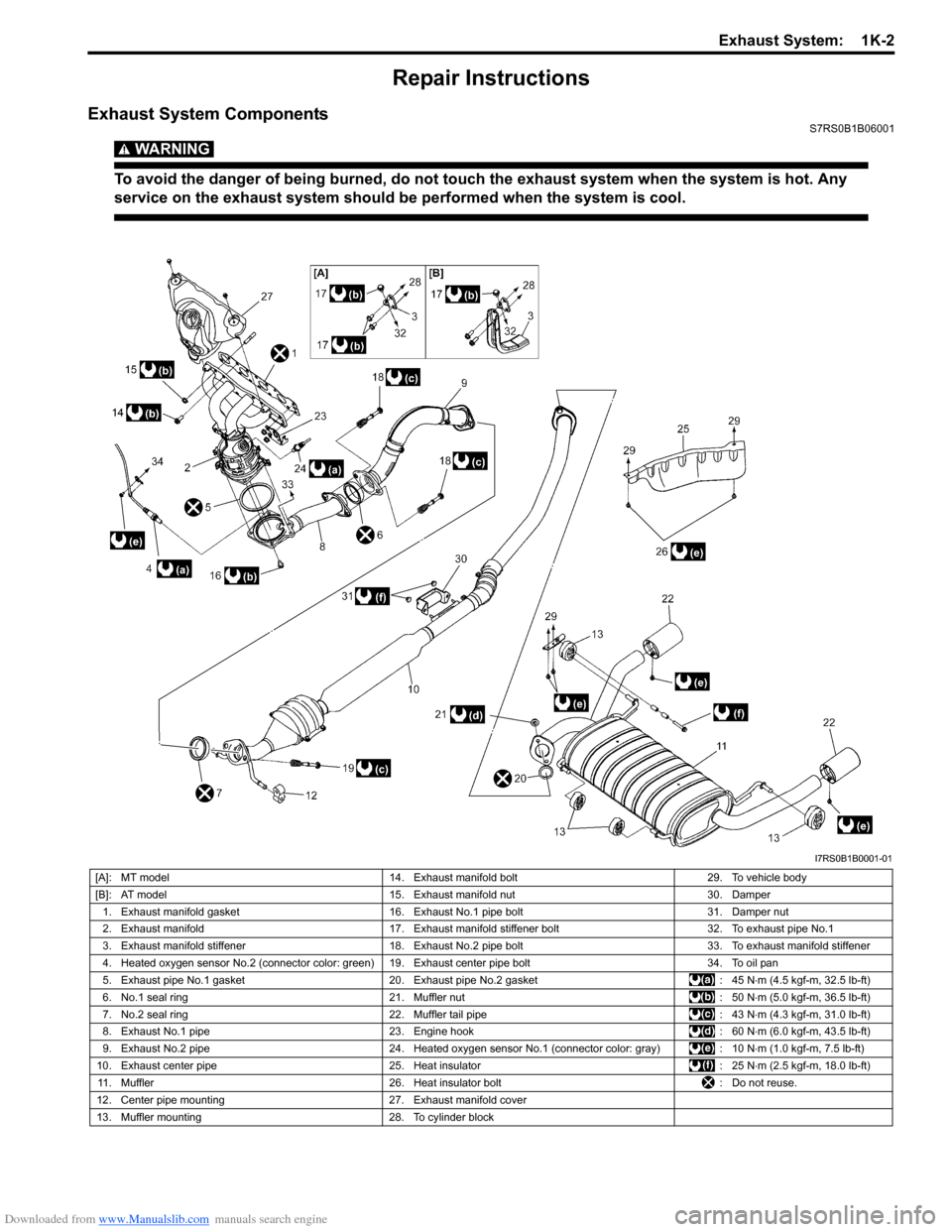 SUZUKI SWIFT 2008 2.G Service Repair Manual Downloaded from www.Manualslib.com manuals search engine Exhaust System:  1K-2
Repair Instructions
Exhaust System ComponentsS7RS0B1B06001
WARNING! 
To avoid the danger of being burned, do not touch th