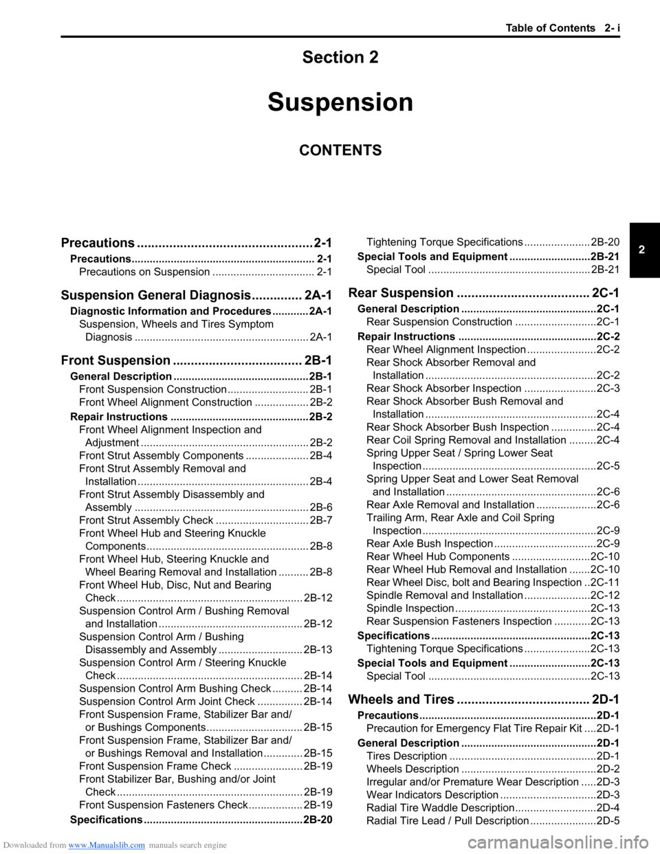 SUZUKI SWIFT 2007 2.G Service Service Manual Downloaded from www.Manualslib.com manuals search engine Table of Contents 2- i
2
Section 2
CONTENTS
Suspension
Precautions ................................................. 2-1
Precautions...........