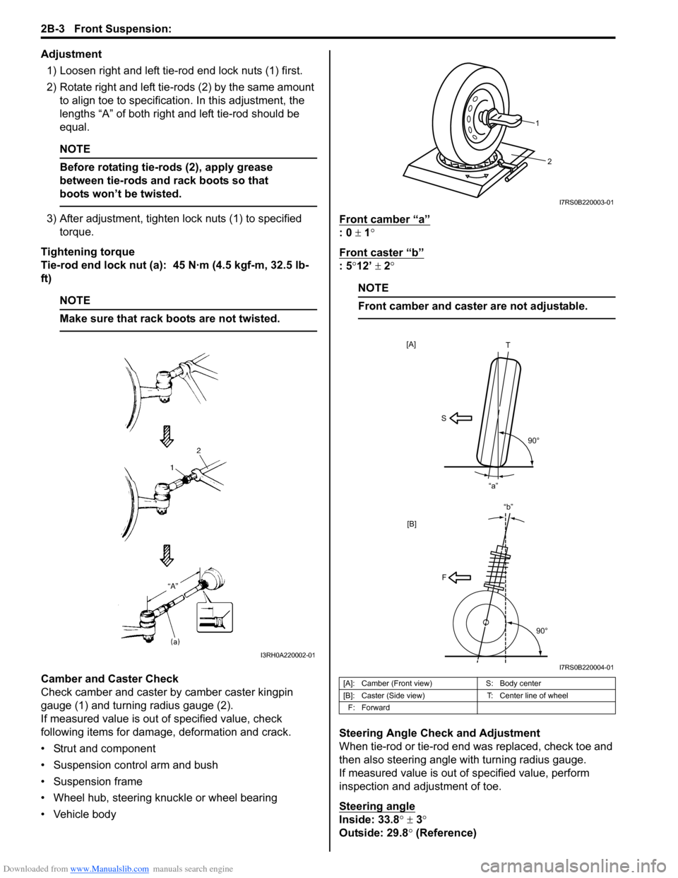 SUZUKI SWIFT 2007 2.G Service Workshop Manual Downloaded from www.Manualslib.com manuals search engine 2B-3 Front Suspension: 
Adjustment1) Loosen right and left tie-rod end lock nuts (1) first.
2) Rotate right and left tie-rods (2) by the same a