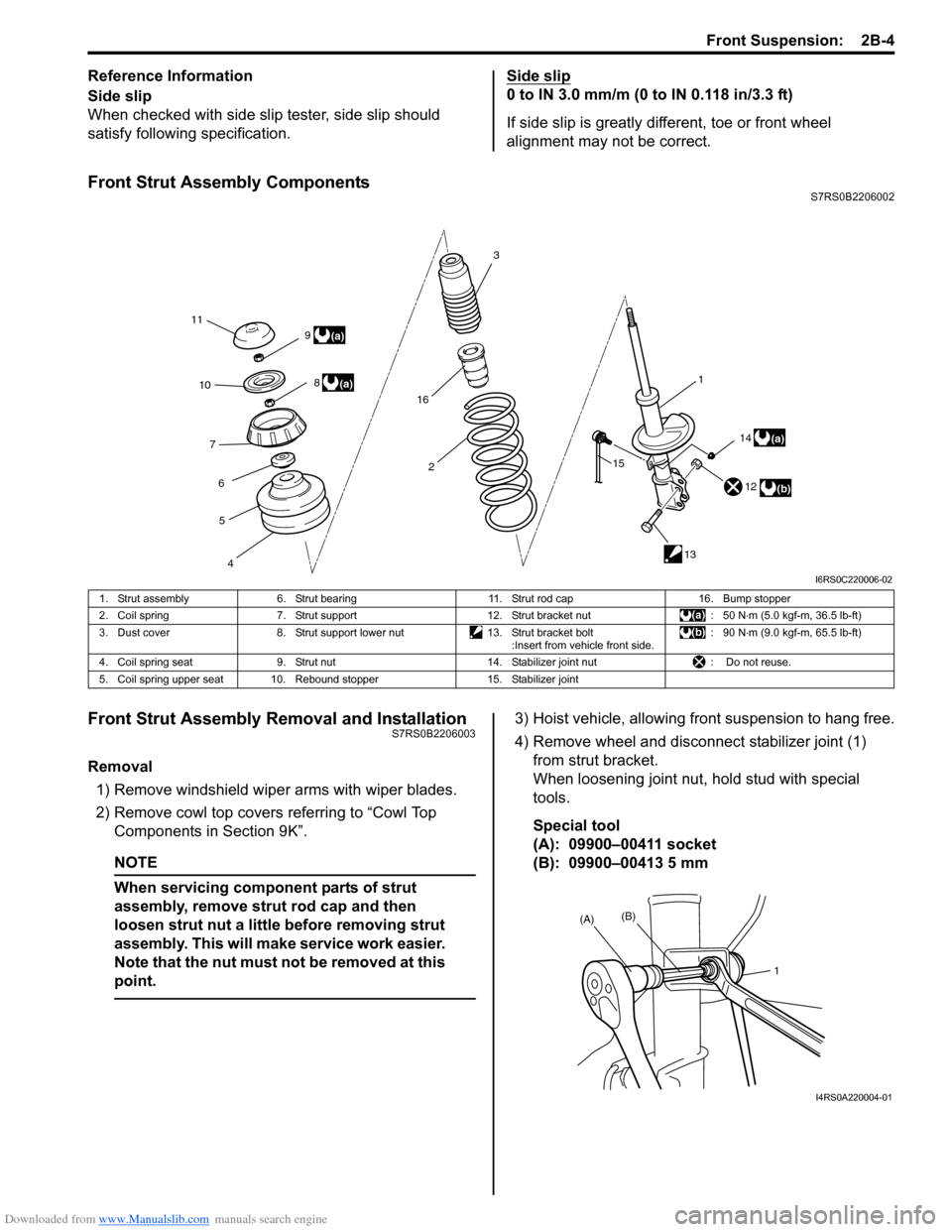 SUZUKI SWIFT 2006 2.G Service Workshop Manual Downloaded from www.Manualslib.com manuals search engine Front Suspension:  2B-4
Reference Information
Side slip
When checked with side slip tester, side slip should 
satisfy following specification.S