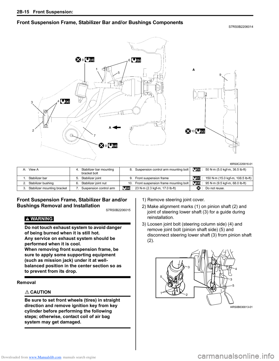 SUZUKI SWIFT 2005 2.G Service Workshop Manual Downloaded from www.Manualslib.com manuals search engine 2B-15 Front Suspension: 
Front Suspension Frame, Stabilizer Bar and/or Bushings ComponentsS7RS0B2206014
Front Suspension Frame, Stabilizer Bar 