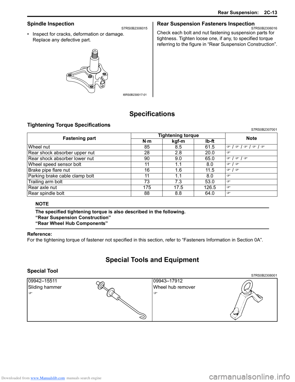 SUZUKI SWIFT 2005 2.G Service Workshop Manual Downloaded from www.Manualslib.com manuals search engine Rear Suspension:  2C-13
Spindle InspectionS7RS0B2306015
• Inspect for cracks, deformation or damage.Replace any defective part.
Rear Suspensi