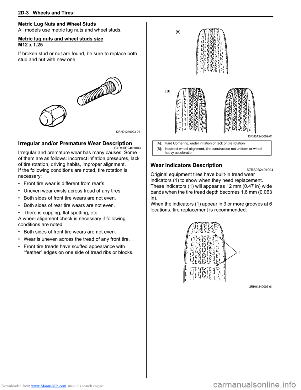 SUZUKI SWIFT 2008 2.G Service Workshop Manual Downloaded from www.Manualslib.com manuals search engine 2D-3 Wheels and Tires: 
Metric Lug Nuts and Wheel Studs
All models use metric lug nuts and wheel studs.
Metric lug nuts and wheel studs size
M1