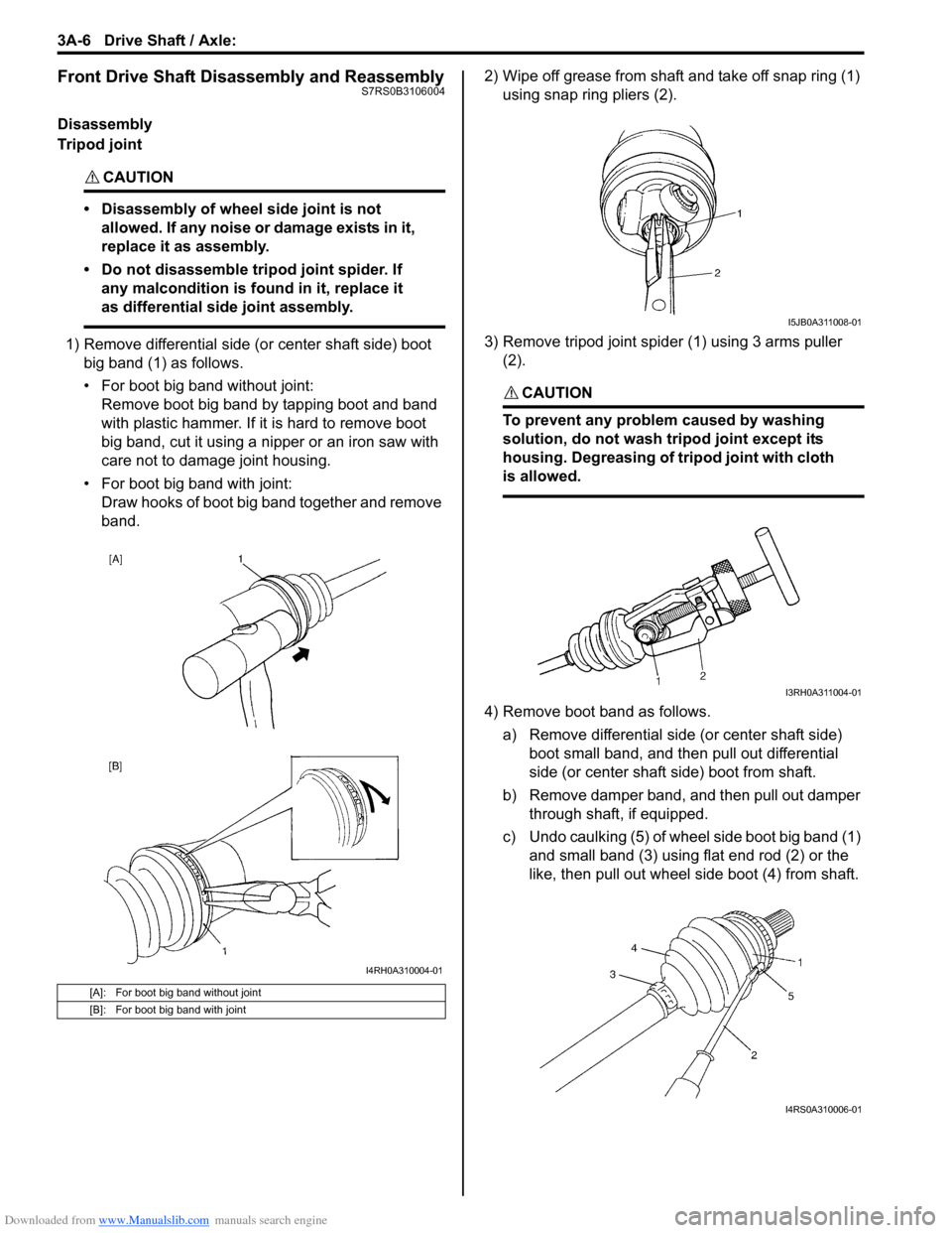 SUZUKI SWIFT 2007 2.G Service Workshop Manual Downloaded from www.Manualslib.com manuals search engine 3A-6 Drive Shaft / Axle: 
Front Drive Shaft Disassembly and ReassemblyS7RS0B3106004
Disassembly
Tripod joint
CAUTION! 
• Disassembly of wheel