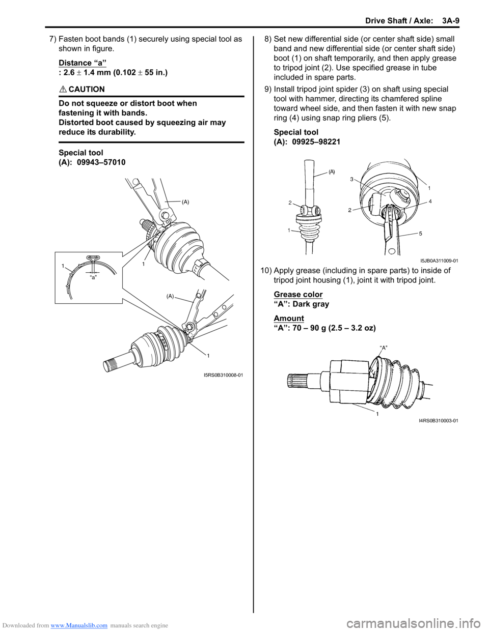SUZUKI SWIFT 2006 2.G Service Workshop Manual Downloaded from www.Manualslib.com manuals search engine Drive Shaft / Axle:  3A-9
7) Fasten boot bands (1) securely using special tool as 
shown in figure.
Distance “a”
: 2.6 ±  1.4 mm (0.102 ±
