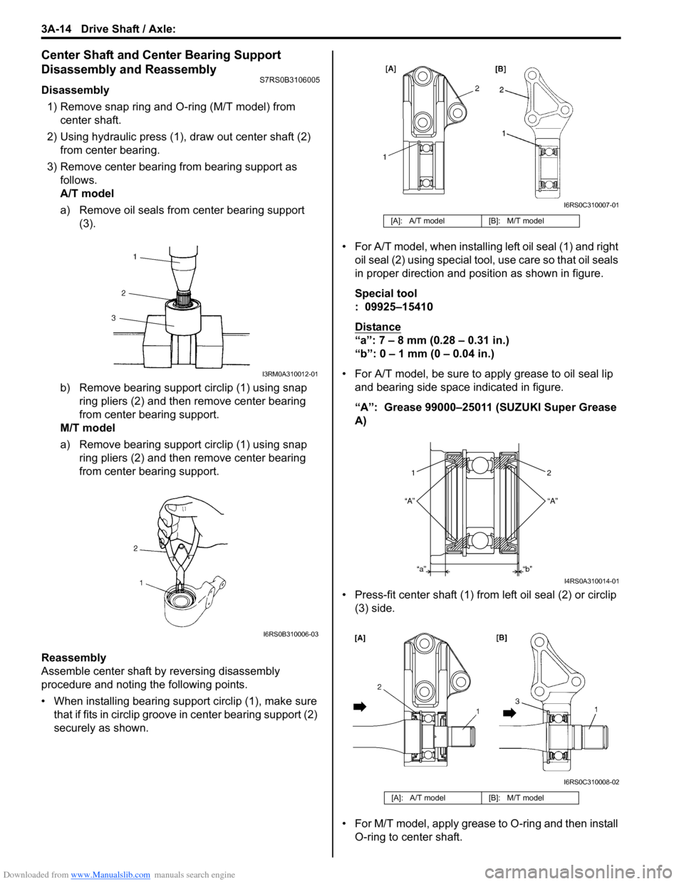 SUZUKI SWIFT 2006 2.G Service Workshop Manual Downloaded from www.Manualslib.com manuals search engine 3A-14 Drive Shaft / Axle: 
Center Shaft and Center Bearing Support 
Disassembly and Reassembly
S7RS0B3106005
Disassembly1) Remove snap ring and