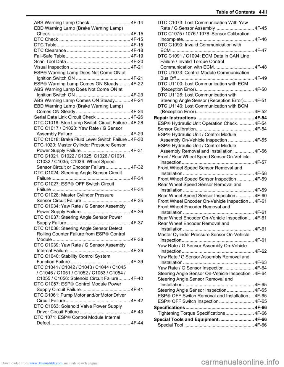 SUZUKI SWIFT 2007 2.G Service User Guide Downloaded from www.Manualslib.com manuals search engine Table of Contents 4-iii
ABS Warning Lamp Check ............................... 4F-14
EBD Warning Lamp (Brake Warning Lamp)  Check .............