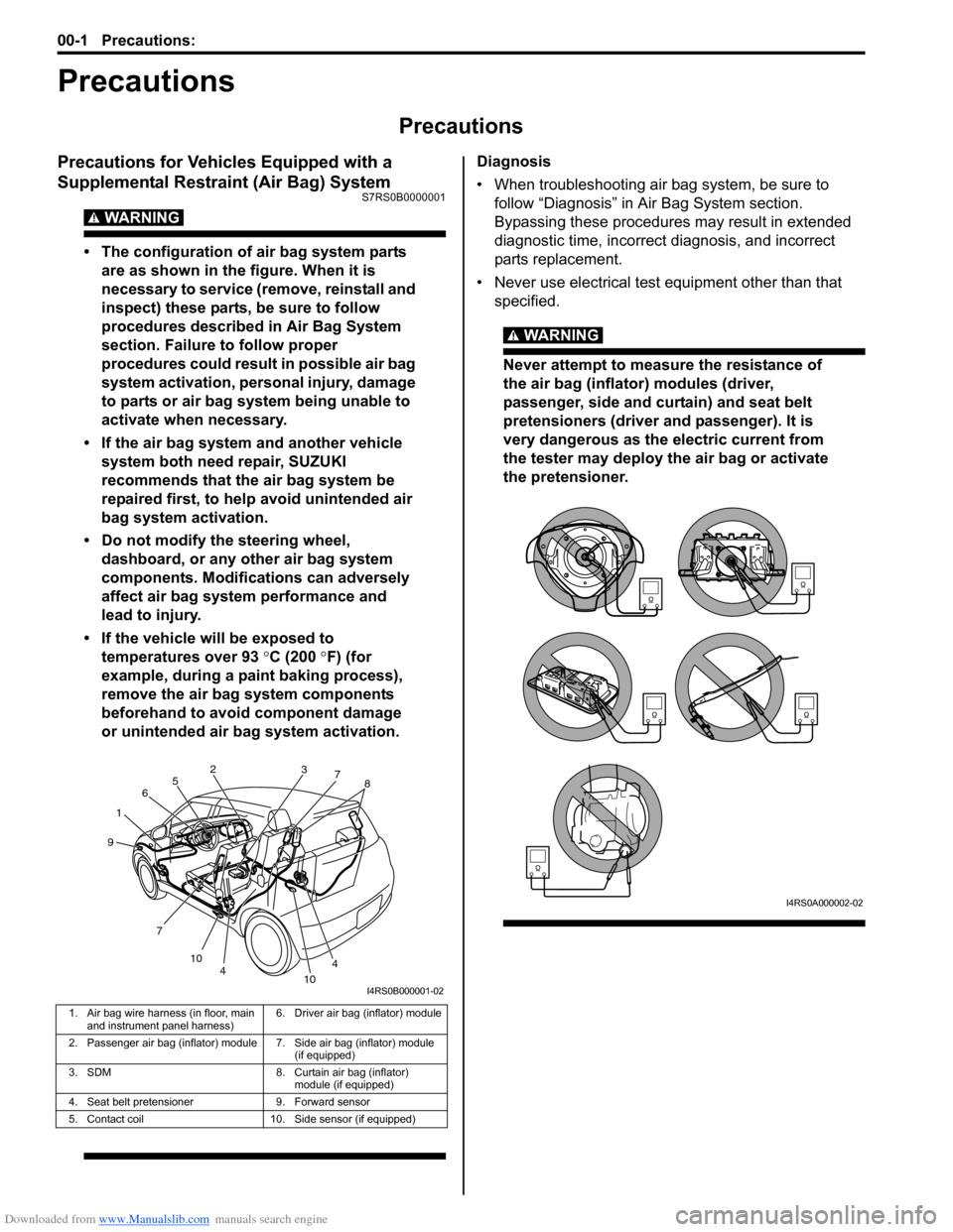 SUZUKI SWIFT 2004 2.G Service Workshop Manual Downloaded from www.Manualslib.com manuals search engine 00-1 Precautions: 
Precautions
Precautions
Precautions
Precautions for Vehicles Equipped with a 
Supplemental Restraint (Air Bag) System
S7RS0B