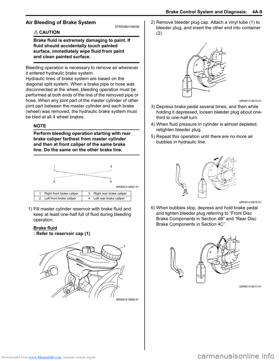 SUZUKI SWIFT 2005 2.G Service Workshop Manual Downloaded from www.Manualslib.com manuals search engine Brake Control System and Diagnosis:  4A-9
Air Bleeding of Brake SystemS7RS0B4106006
CAUTION! 
Brake fluid is extremely damaging to paint. If 
f