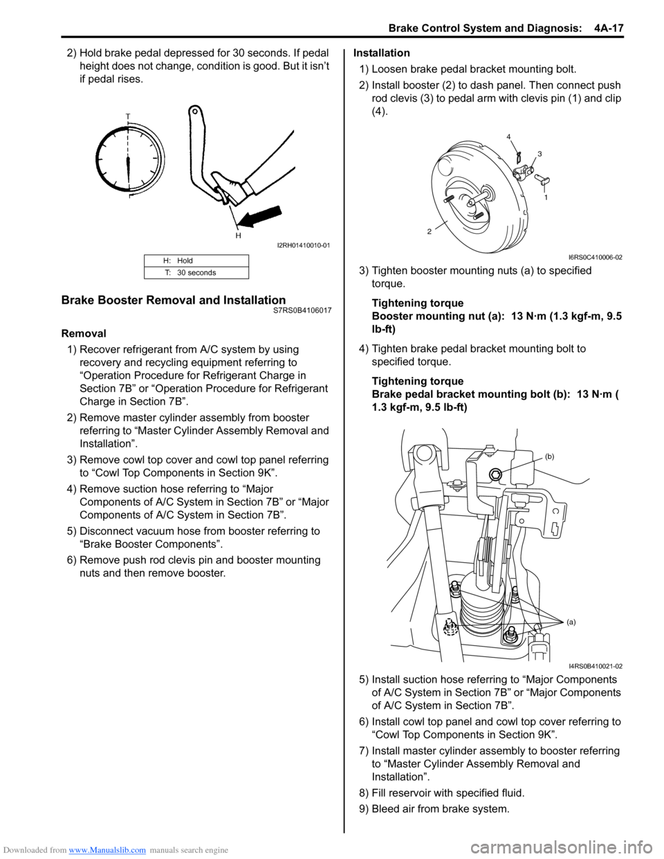 SUZUKI SWIFT 2007 2.G Service Workshop Manual Downloaded from www.Manualslib.com manuals search engine Brake Control System and Diagnosis:  4A-17
2) Hold brake pedal depressed for 30 seconds. If pedal height does not change, condition is good. Bu