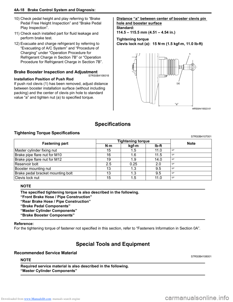 SUZUKI SWIFT 2008 2.G Service Workshop Manual Downloaded from www.Manualslib.com manuals search engine 4A-18 Brake Control System and Diagnosis: 
10) Check pedal height and play referring to “Brake Pedal Free Height Inspection” and “Brake P