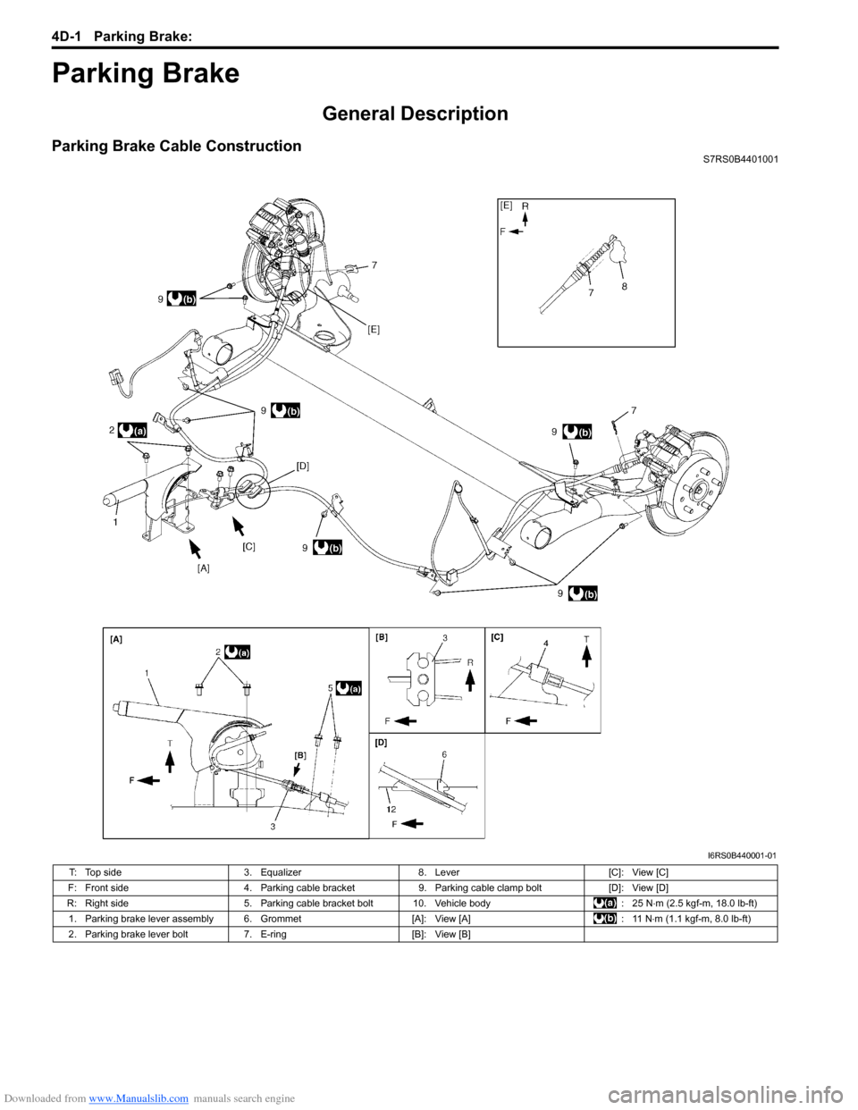 SUZUKI SWIFT 2006 2.G Service Owners Guide Downloaded from www.Manualslib.com manuals search engine 4D-1 Parking Brake: 
Brakes
Parking Brake
General Description
Parking Brake Cable ConstructionS7RS0B4401001
I6RS0B440001-01
T: Top side3. Equal
