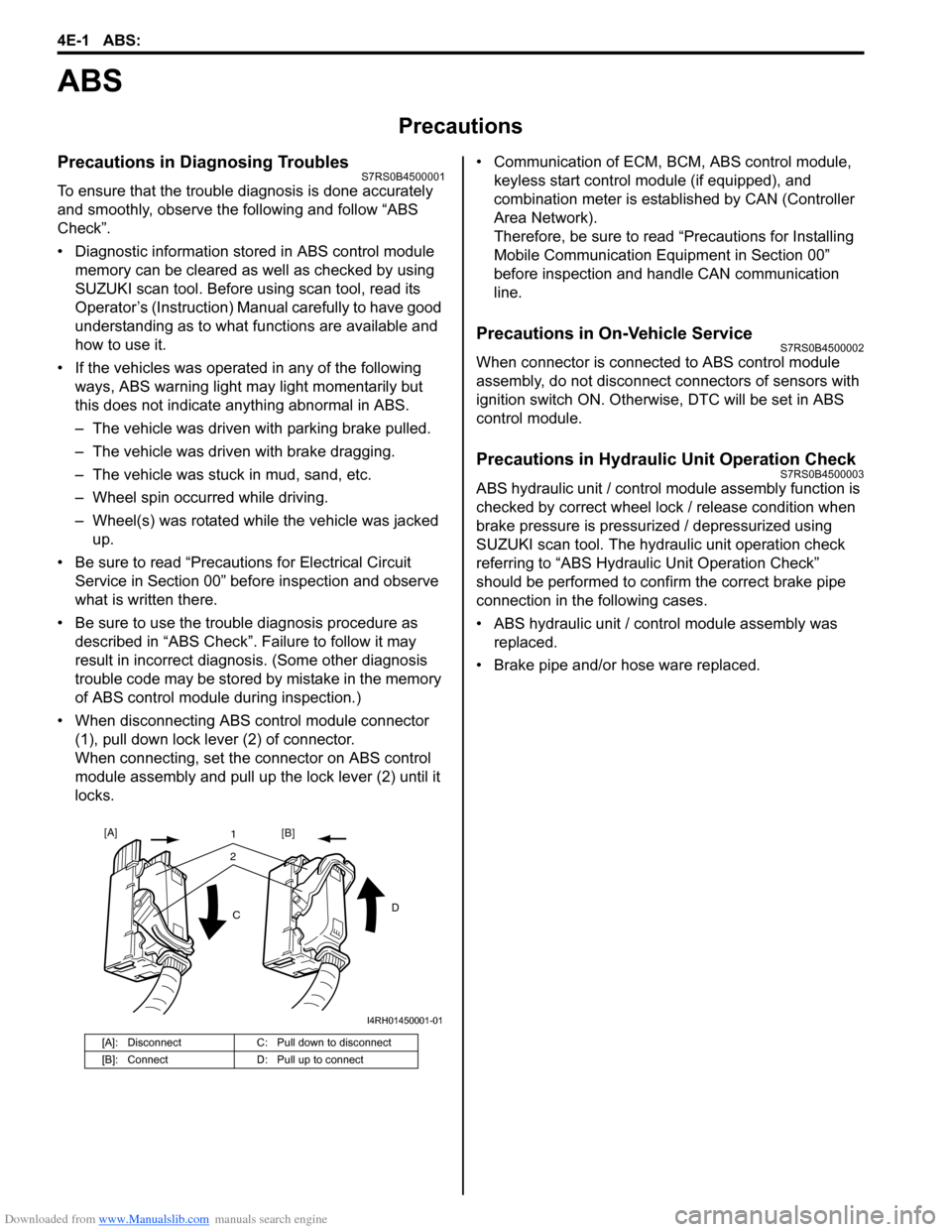 SUZUKI SWIFT 2006 2.G Service Workshop Manual Downloaded from www.Manualslib.com manuals search engine 4E-1 ABS: 
Brakes
ABS
Precautions
Precautions in Diagnosing TroublesS7RS0B4500001
To ensure that the trouble diagnosis is done accurately 
and 