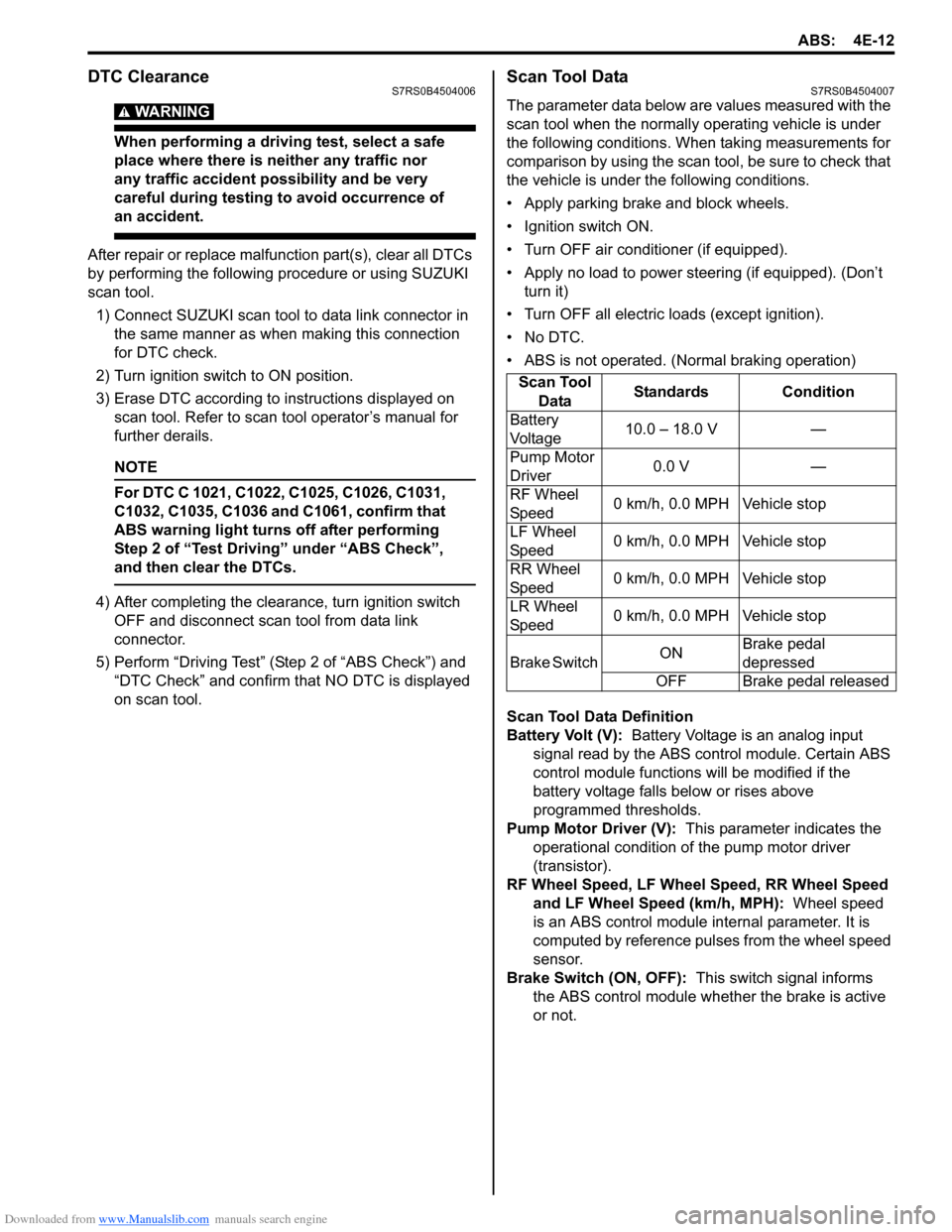 SUZUKI SWIFT 2006 2.G Service Workshop Manual Downloaded from www.Manualslib.com manuals search engine ABS: 4E-12
DTC ClearanceS7RS0B4504006
WARNING! 
When performing a driving test, select a safe 
place where there is neither any traffic nor 
an