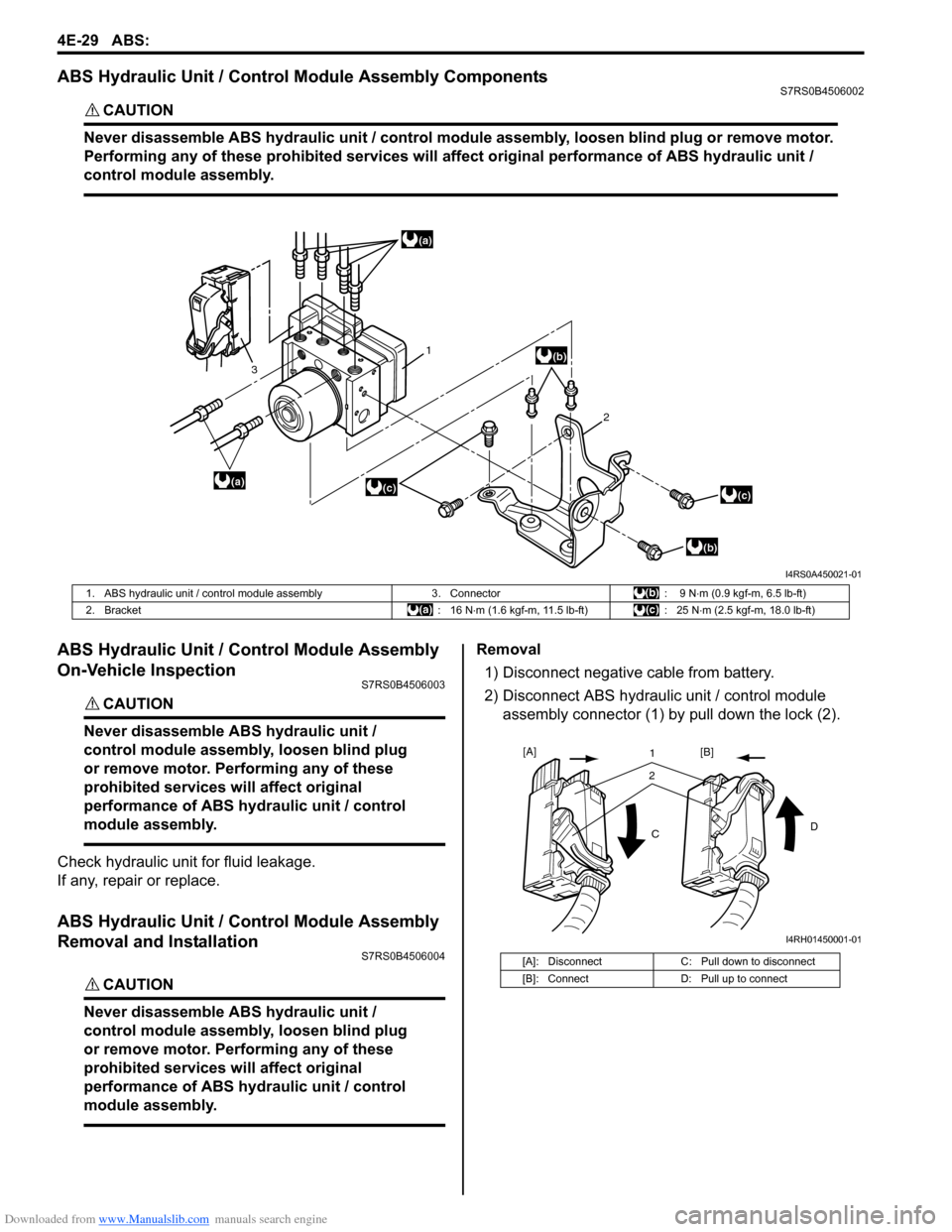 SUZUKI SWIFT 2006 2.G Service Repair Manual Downloaded from www.Manualslib.com manuals search engine 4E-29 ABS: 
ABS Hydraulic Unit / Control Module Assembly ComponentsS7RS0B4506002
CAUTION! 
Never disassemble ABS hydraulic unit / control modul
