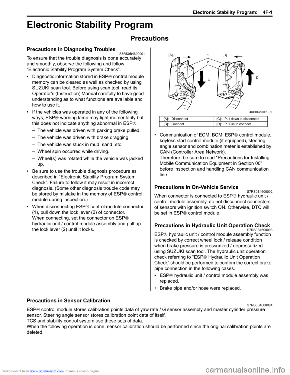 SUZUKI SWIFT 2006 2.G Service Repair Manual Downloaded from www.Manualslib.com manuals search engine Electronic Stability Program:  4F-1
Brakes
Electronic Stability Program
Precautions
Precautions in Diagnosing TroublesS7RS0B4600001
To ensure t