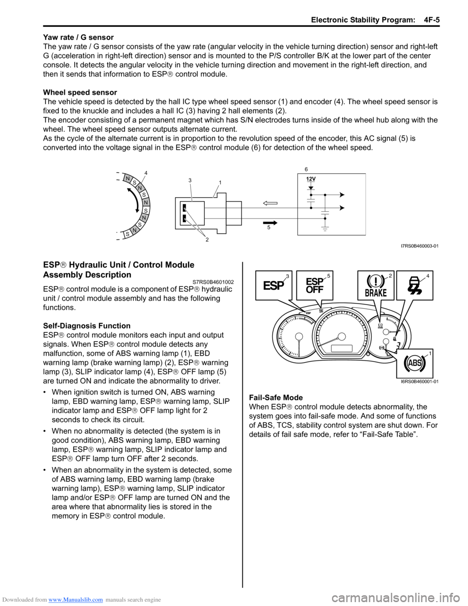 SUZUKI SWIFT 2006 2.G Service Manual PDF Downloaded from www.Manualslib.com manuals search engine Electronic Stability Program:  4F-5
Yaw rate / G sensor
The yaw rate / G sensor consists of the yaw rate (angular velocity in the vehicle turni