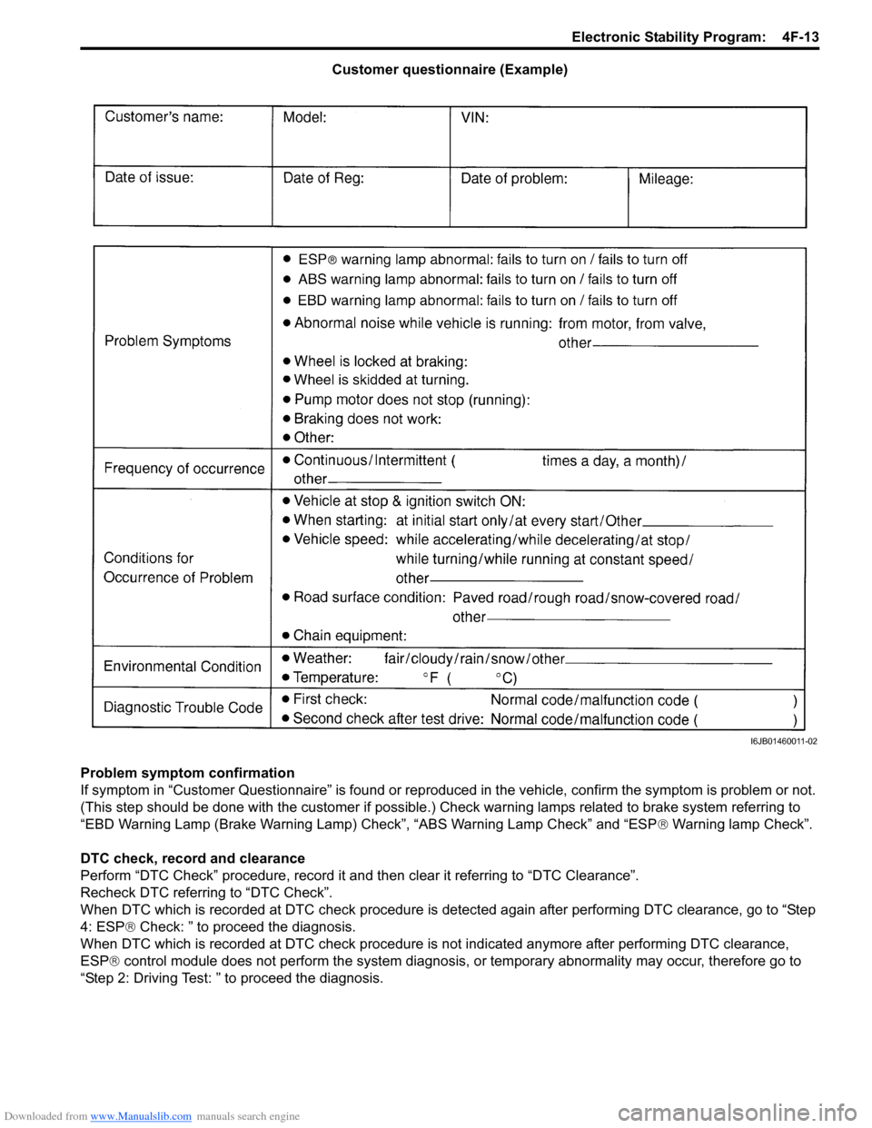 SUZUKI SWIFT 2006 2.G Service Manual PDF Downloaded from www.Manualslib.com manuals search engine Electronic Stability Program:  4F-13
Customer questionnaire (Example)
Problem symptom confirmation
If symptom in “Customer Questionnaire” i