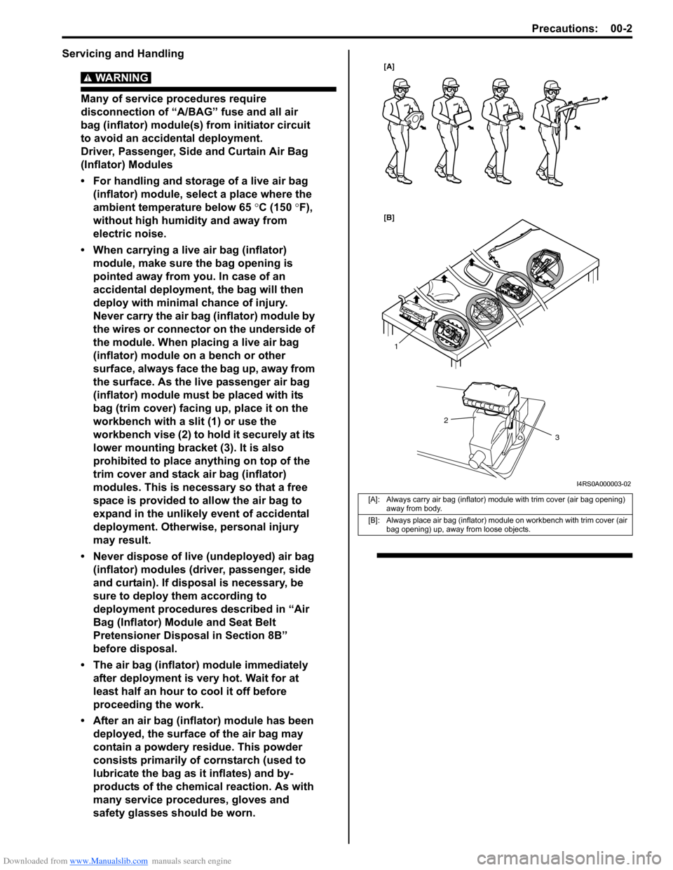 SUZUKI SWIFT 2004 2.G Service Workshop Manual Downloaded from www.Manualslib.com manuals search engine Precautions: 00-2
Servicing and Handling
WARNING! 
Many of service procedures require 
disconnection of “A/BAG” fuse and all air 
bag (infl