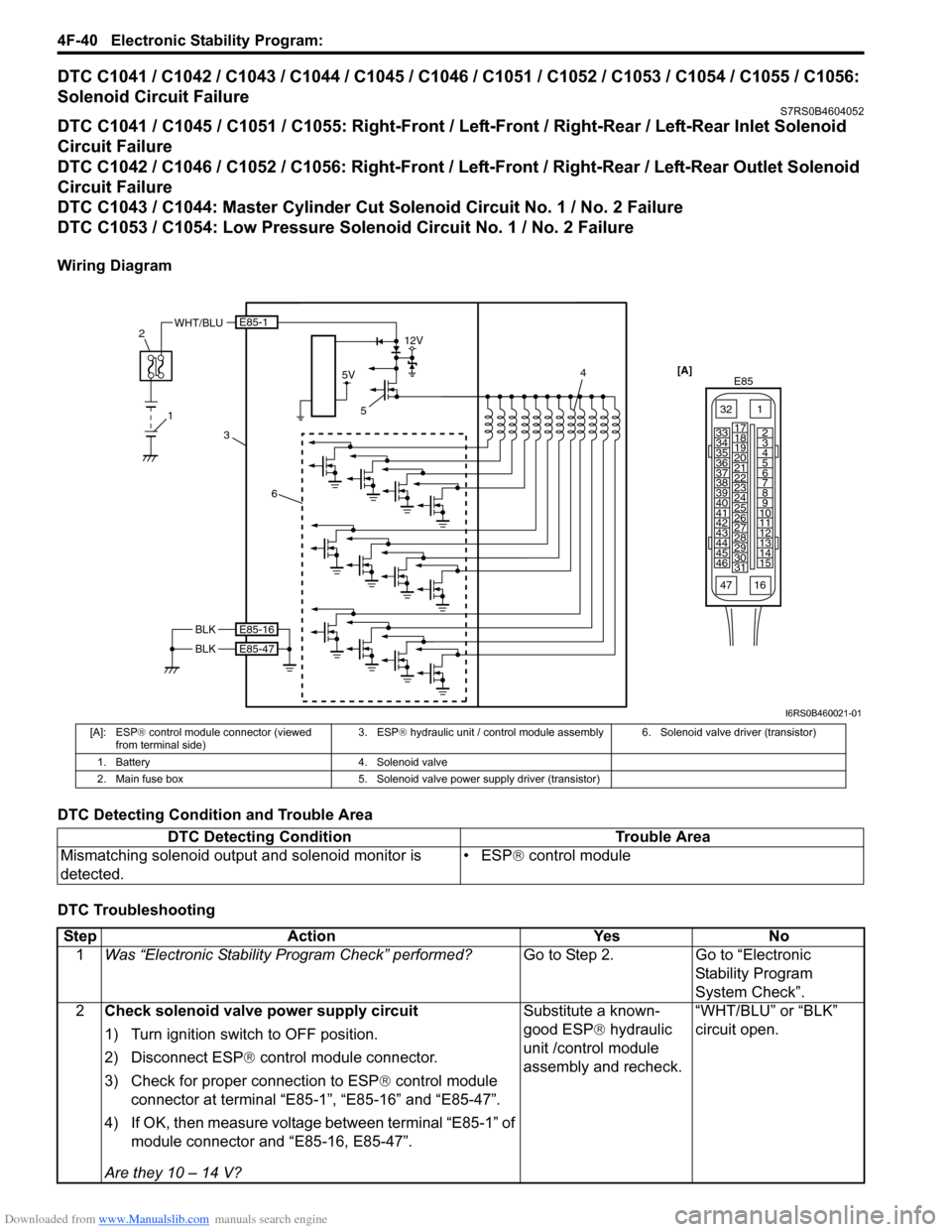 SUZUKI SWIFT 2008 2.G Service Repair Manual Downloaded from www.Manualslib.com manuals search engine 4F-40 Electronic Stability Program: 
DTC C1041 / C1042 / C1043 / C1044 / C1045 / C1046 / C1051 / C1052 / C1053 / C1054 / C1055 / C1056: 
Soleno