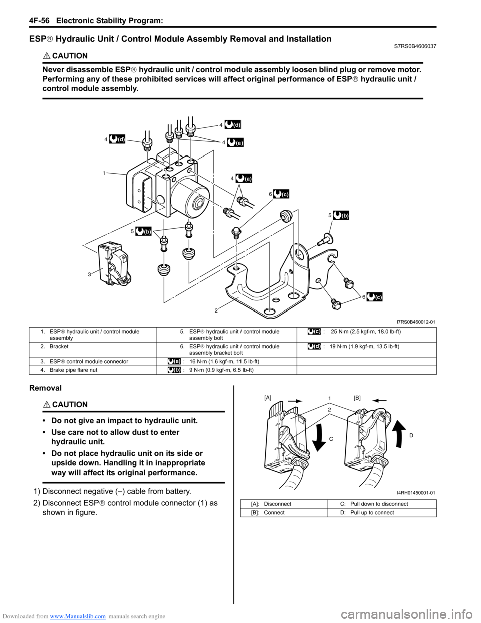 SUZUKI SWIFT 2006 2.G Service Repair Manual Downloaded from www.Manualslib.com manuals search engine 4F-56 Electronic Stability Program: 
ESP® Hydraulic Unit / Control Module Assembly Removal and InstallationS7RS0B4606037
CAUTION! 
Never disas