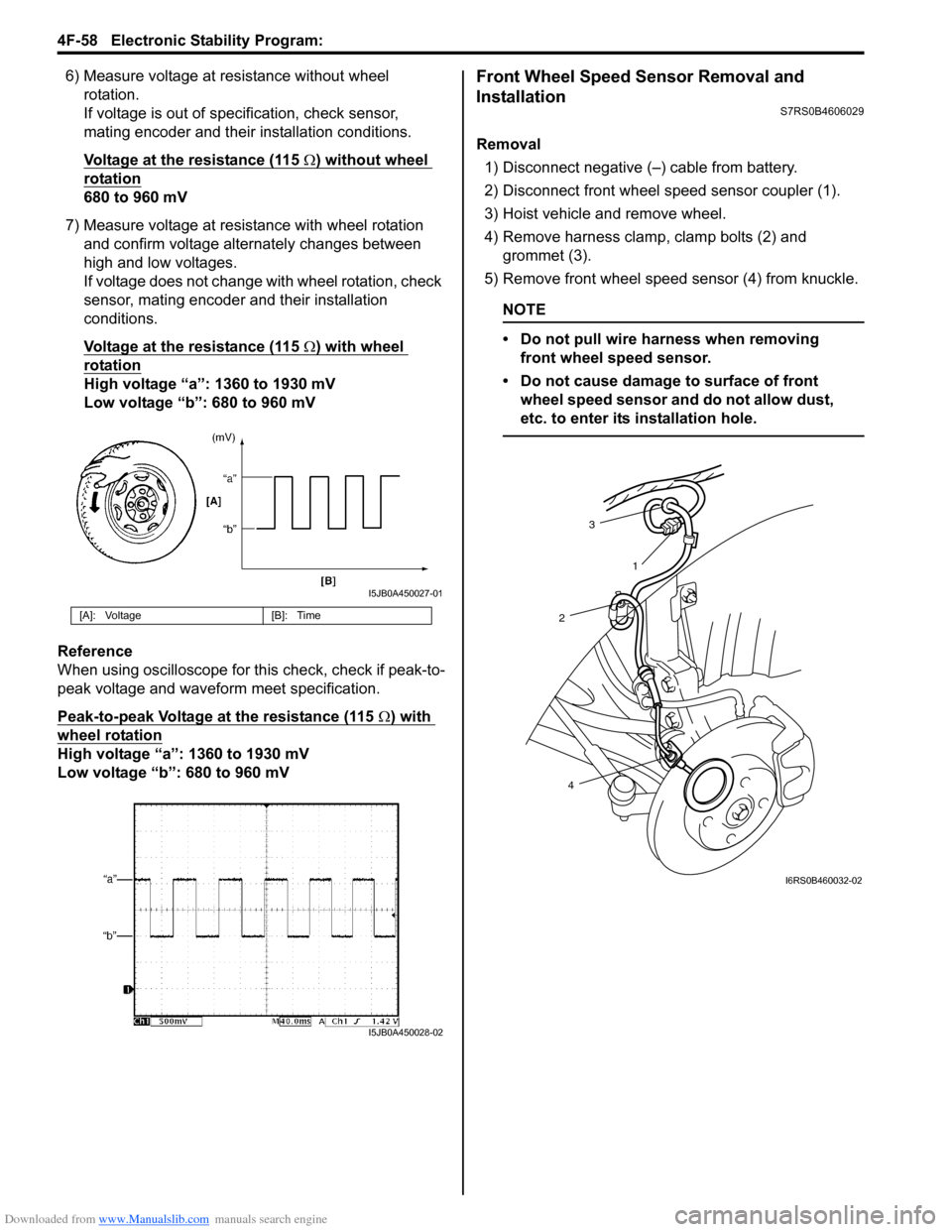 SUZUKI SWIFT 2005 2.G Service Workshop Manual Downloaded from www.Manualslib.com manuals search engine 4F-58 Electronic Stability Program: 
6) Measure voltage at resistance without wheel rotation.
If voltage is out of specification, check sensor,