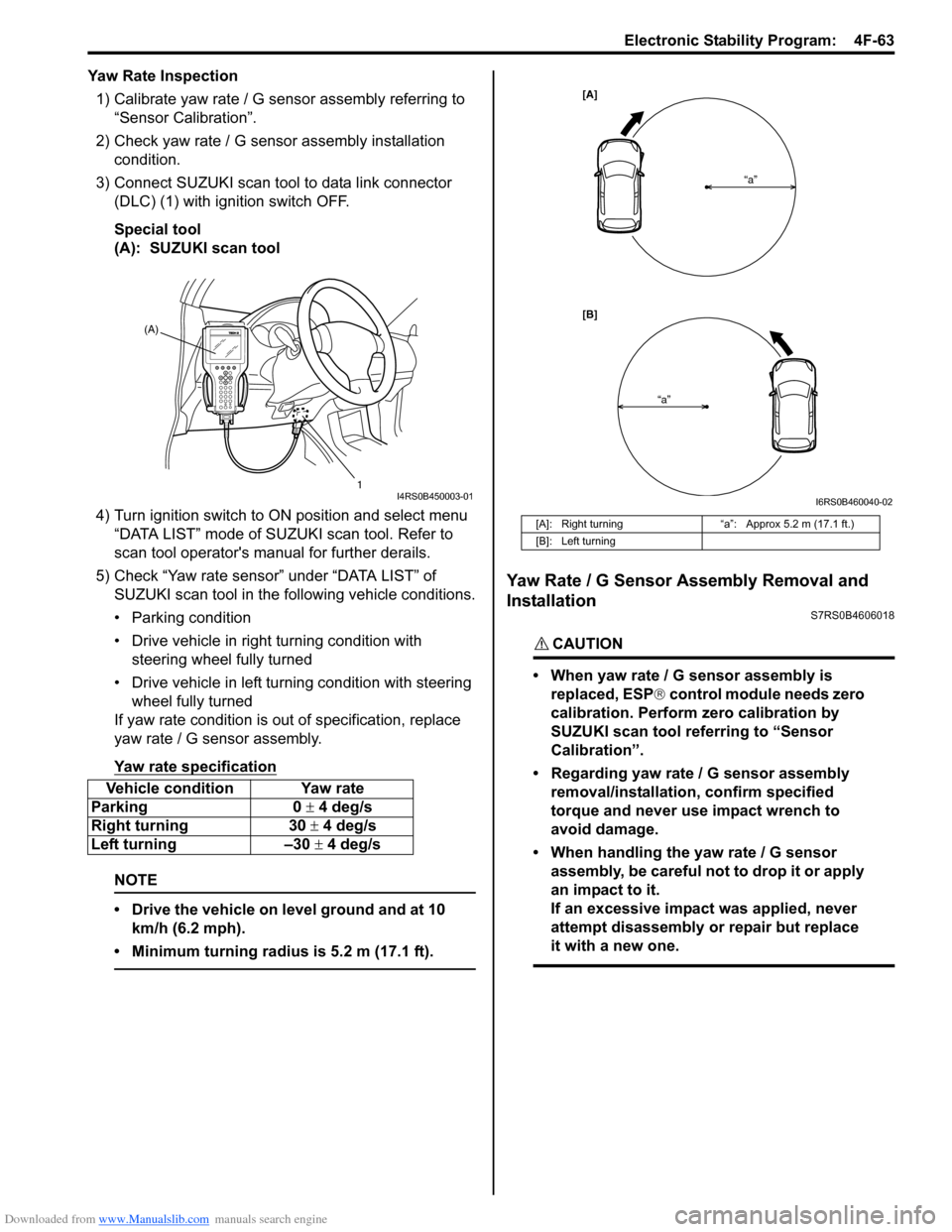 SUZUKI SWIFT 2006 2.G Service Manual PDF Downloaded from www.Manualslib.com manuals search engine Electronic Stability Program:  4F-63
Yaw Rate Inspection1) Calibrate yaw rate / G sens or assembly referring to 
“Sensor Calibration”.
2) C