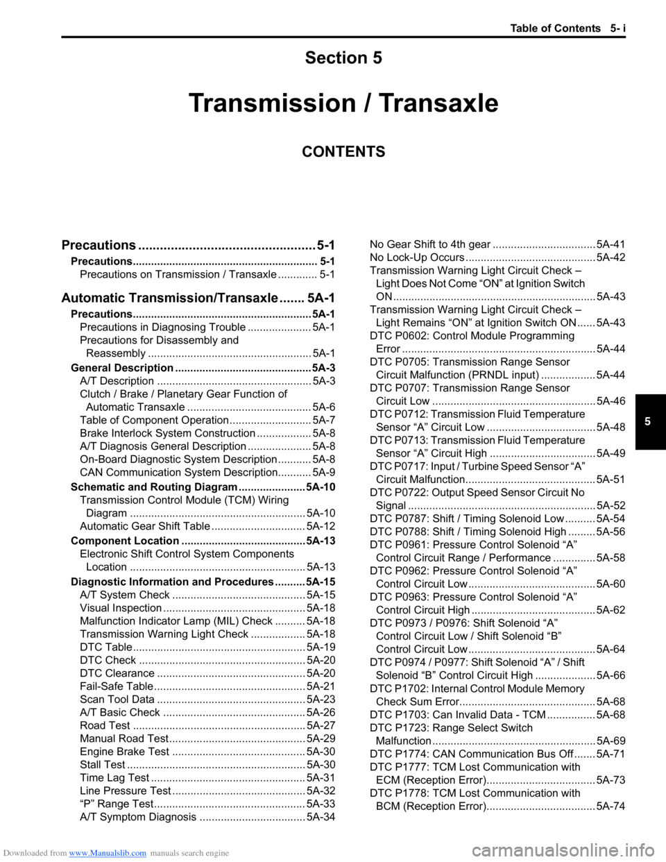 SUZUKI SWIFT 2008 2.G Service Owners Manual Downloaded from www.Manualslib.com manuals search engine Table of Contents 5- i
5
Section 5
CONTENTS
Transmission / Transaxle
Precautions ................................................. 5-1
Precauti
