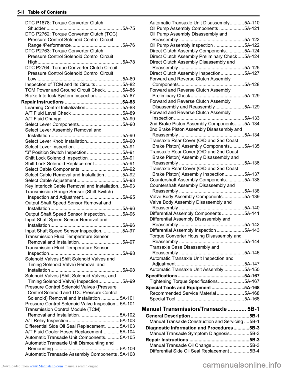 SUZUKI SWIFT 2006 2.G Service Service Manual Downloaded from www.Manualslib.com manuals search engine 5-ii Table of Contents
DTC P1878: Torque Converter Clutch Shudder .......................................................... 5A-75
DTC P2762: T