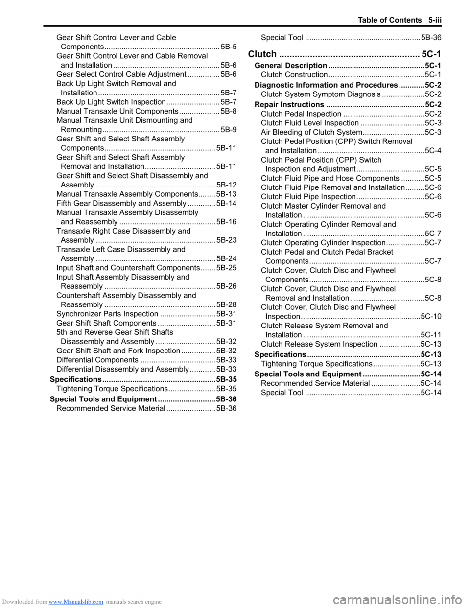 SUZUKI SWIFT 2008 2.G Service Workshop Manual Downloaded from www.Manualslib.com manuals search engine Table of Contents 5-iii
Gear Shift Control Lever and Cable Components...................................................... 5B-5
Gear Shift Con