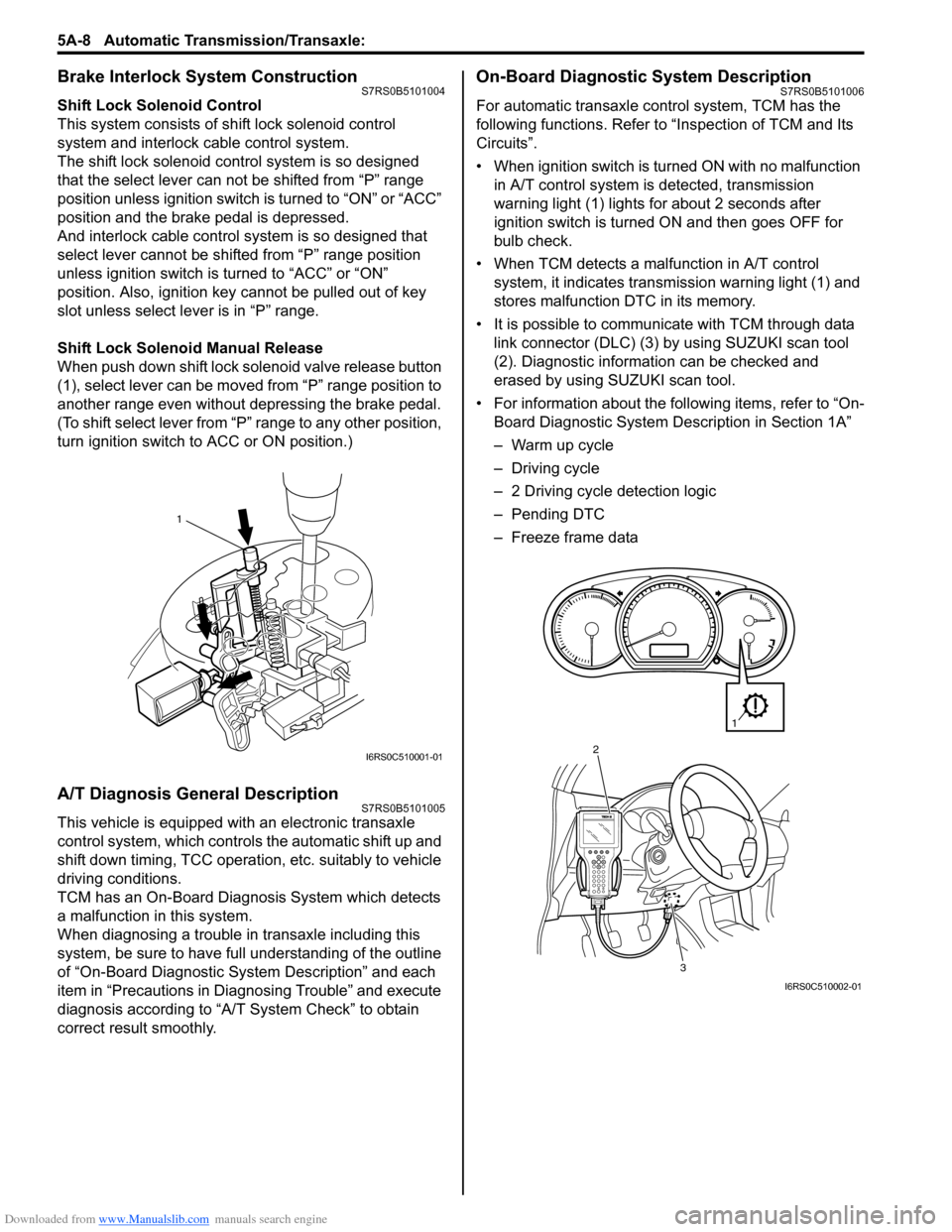 SUZUKI SWIFT 2008 2.G Service Owners Guide Downloaded from www.Manualslib.com manuals search engine 5A-8 Automatic Transmission/Transaxle: 
Brake Interlock System ConstructionS7RS0B5101004
Shift Lock Solenoid Control
This system consists of sh