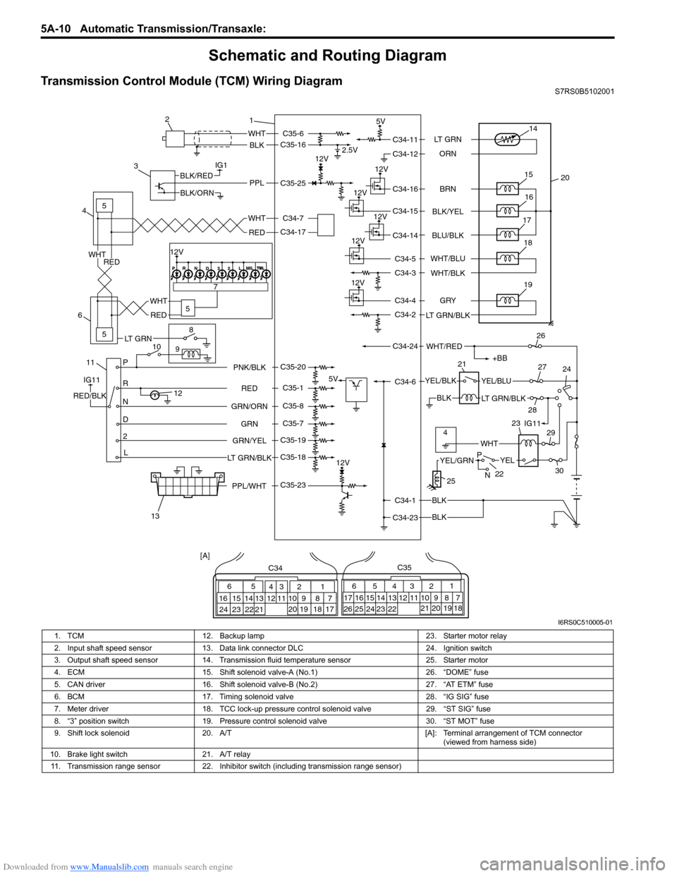SUZUKI SWIFT 2007 2.G Service Owners Guide Downloaded from www.Manualslib.com manuals search engine 5A-10 Automatic Transmission/Transaxle: 
Schematic and Routing Diagram
Transmission Control Module (TCM) Wiring DiagramS7RS0B5102001
IG1
115
5
