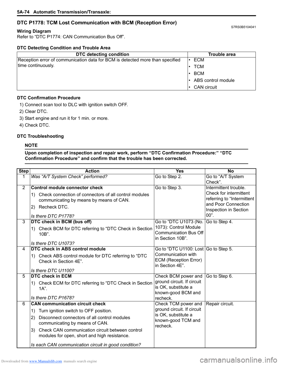 SUZUKI SWIFT 2008 2.G Service Manual Online Downloaded from www.Manualslib.com manuals search engine 5A-74 Automatic Transmission/Transaxle: 
DTC P1778: TCM Lost Communication with BCM (Reception Error)S7RS0B5104041
Wiring Diagram
Refer to “D