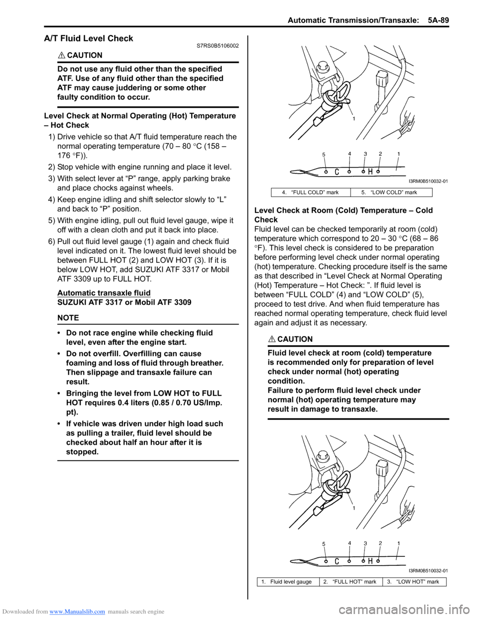 SUZUKI SWIFT 2005 2.G Service Workshop Manual Downloaded from www.Manualslib.com manuals search engine Automatic Transmission/Transaxle:  5A-89
A/T Fluid Level CheckS7RS0B5106002
CAUTION! 
Do not use any fluid other than the specified 
ATF. Use o