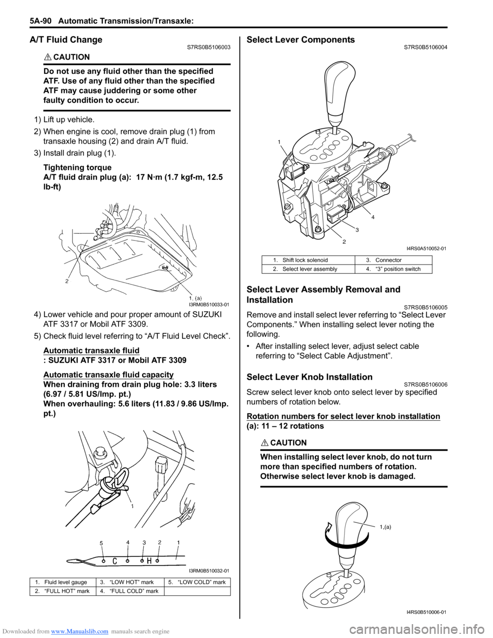 SUZUKI SWIFT 2005 2.G Service Workshop Manual Downloaded from www.Manualslib.com manuals search engine 5A-90 Automatic Transmission/Transaxle: 
A/T Fluid ChangeS7RS0B5106003
CAUTION! 
Do not use any fluid other than the specified 
ATF. Use of any