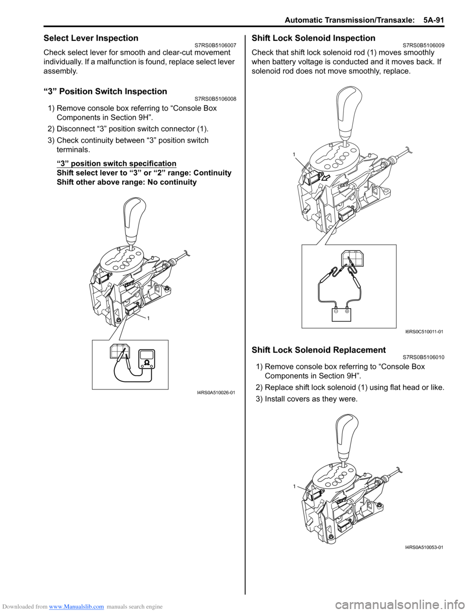 SUZUKI SWIFT 2006 2.G Service Workshop Manual Downloaded from www.Manualslib.com manuals search engine Automatic Transmission/Transaxle:  5A-91
Select Lever InspectionS7RS0B5106007
Check select lever for smooth and clear-cut movement 
individuall