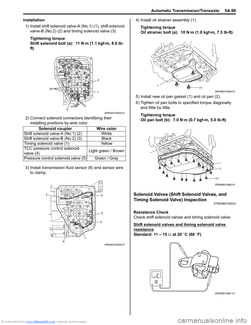 SUZUKI SWIFT 2007 2.G Service Repair Manual Downloaded from www.Manualslib.com manuals search engine Automatic Transmission/Transaxle:  5A-99
Installation1) Install shift solenoid valve- A (No.1) (1), shift solenoid 
valve-B (No.2) (2) and timi
