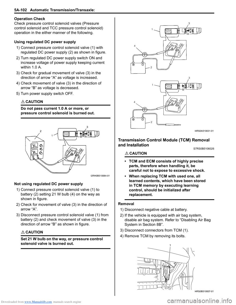 SUZUKI SWIFT 2006 2.G Service Workshop Manual Downloaded from www.Manualslib.com manuals search engine 5A-102 Automatic Transmission/Transaxle: 
Operation Check
Check pressure control solenoid valves (Pressure 
control solenoid and TCC pressure c