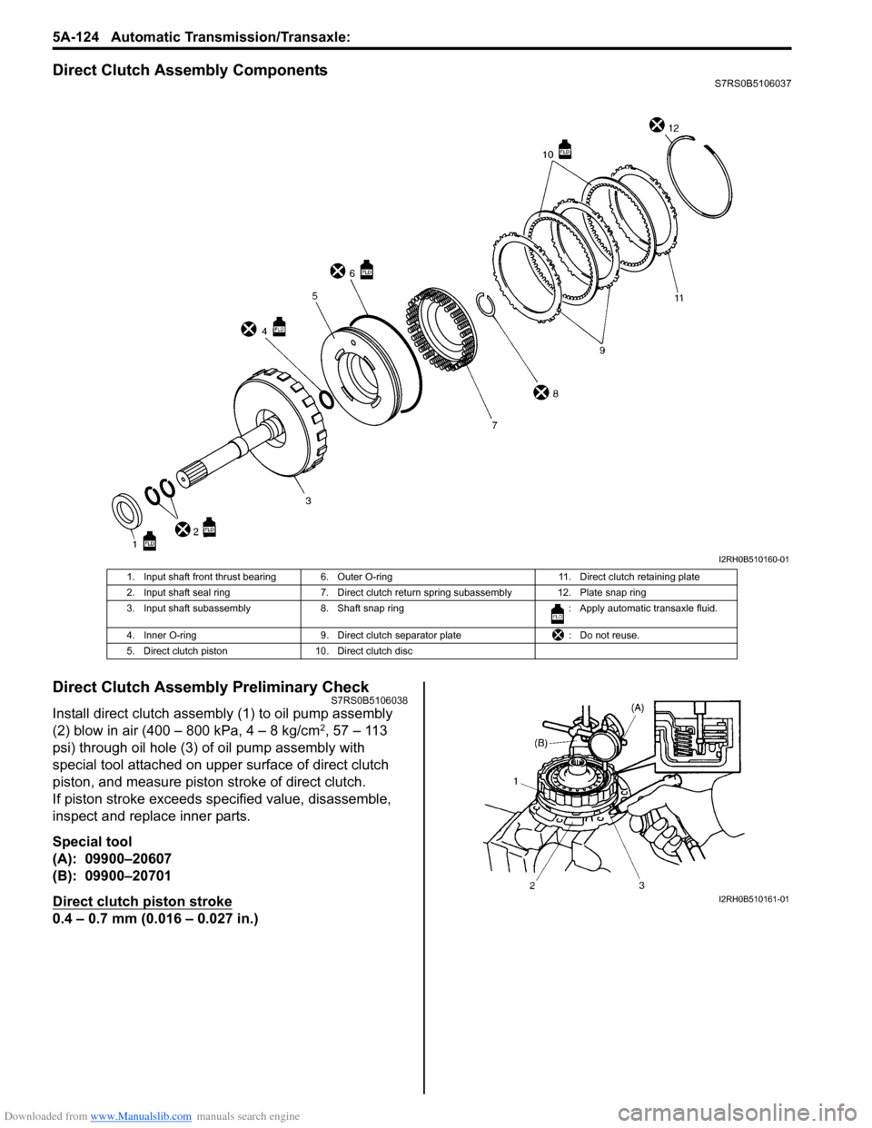 SUZUKI SWIFT 2008 2.G Service Owners Guide Downloaded from www.Manualslib.com manuals search engine 5A-124 Automatic Transmission/Transaxle:
Direct Clutch Assembly ComponentsS7RS0B5106037
Direct Clutch Assembly Preliminary CheckS7RS0B5106038
SUZUKI SWIFT 2008 2.G Service Owners Guide Downloaded from www.Manualslib.com manuals search engine 5A-124 Automatic Transmission/Transaxle:
Direct Clutch Assembly ComponentsS7RS0B5106037
Direct Clutch Assembly Preliminary CheckS7RS0B5106038