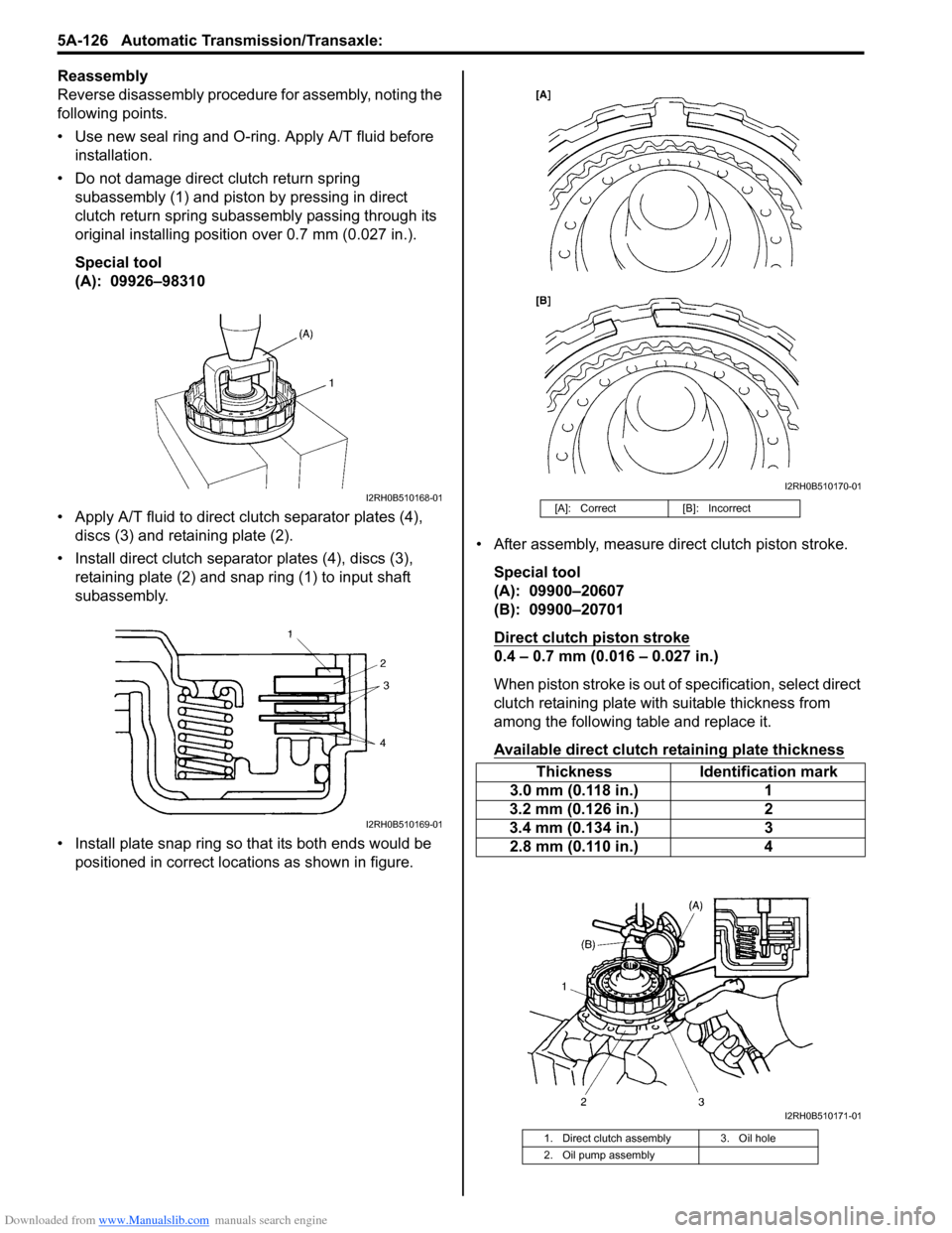SUZUKI SWIFT 2008 2.G Service User Guide Downloaded from www.Manualslib.com manuals search engine 5A-126 Automatic Transmission/Transaxle: 
Reassembly
Reverse disassembly procedure for assembly, noting the 
following points.
• Use new seal