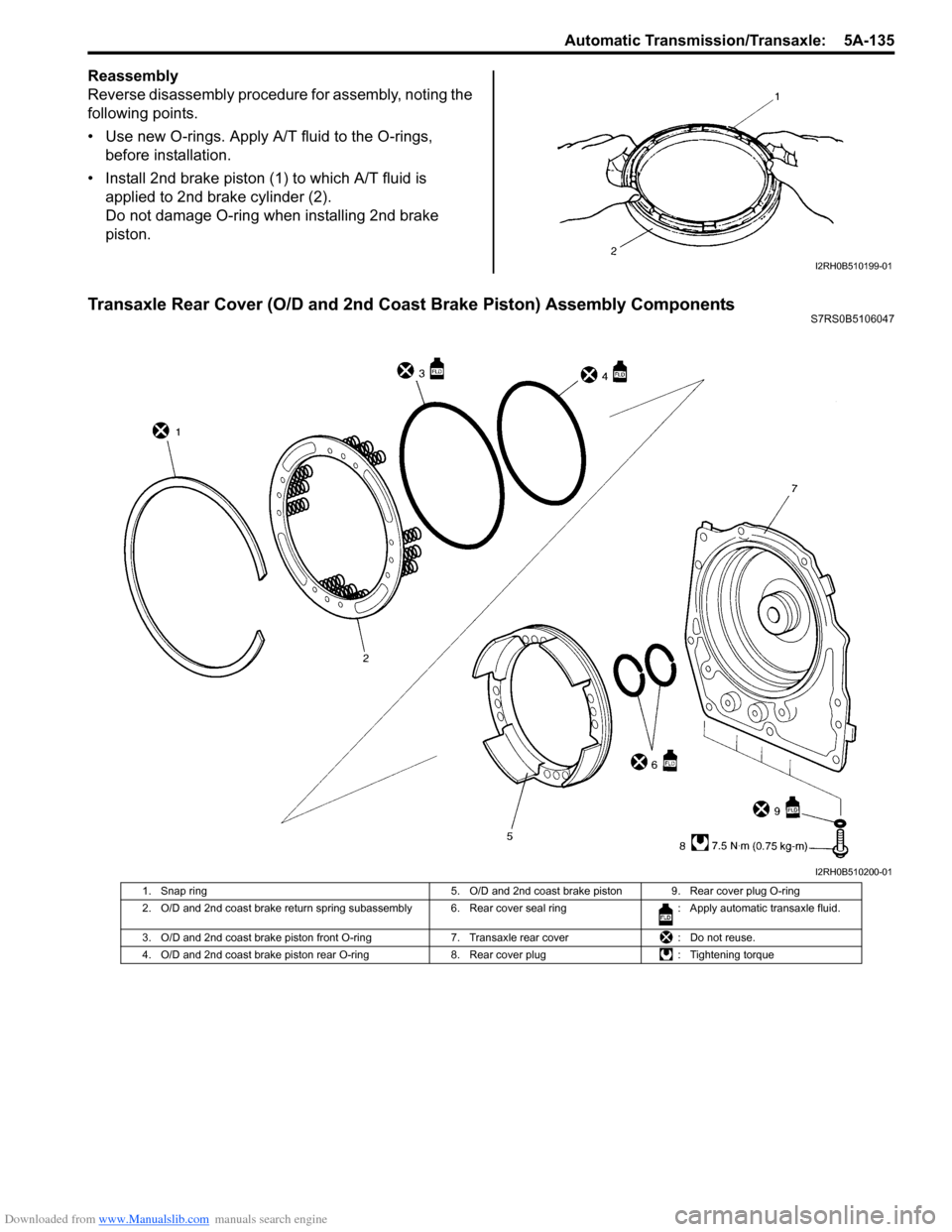 SUZUKI SWIFT 2007 2.G Service Manual Online Downloaded from www.Manualslib.com manuals search engine Automatic Transmission/Transaxle: 5A-135
Reassembly
Reverse disassembly procedure for assembly, noting the
following points.
• Use new O-ri SUZUKI SWIFT 2007 2.G Service Manual Online Downloaded from www.Manualslib.com manuals search engine Automatic Transmission/Transaxle: 5A-135
Reassembly
Reverse disassembly procedure for assembly, noting the
following points.
• Use new O-ri