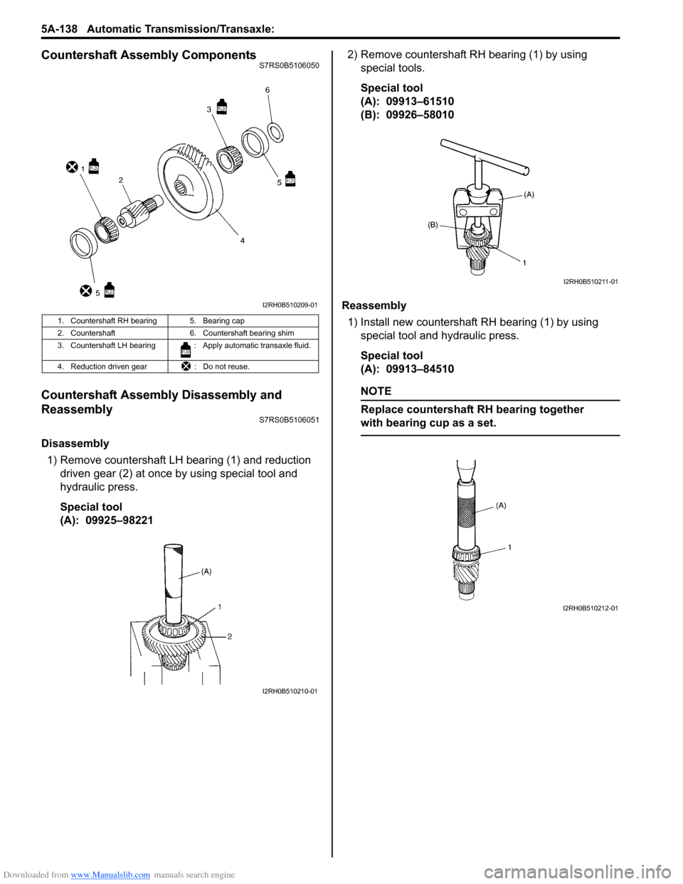 SUZUKI SWIFT 2008 2.G Service Workshop Manual Downloaded from www.Manualslib.com manuals search engine 5A-138 Automatic Transmission/Transaxle: 
Countershaft Assembly ComponentsS7RS0B5106050
Countershaft Assembly Disassembly and 
Reassembly
S7RS0