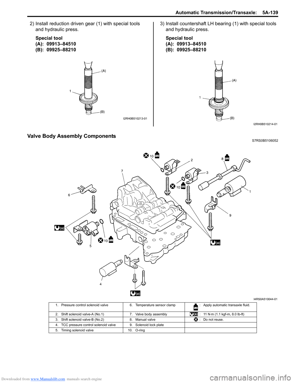SUZUKI SWIFT 2007 2.G Service Manual PDF Downloaded from www.Manualslib.com manuals search engine Automatic Transmission/Transaxle:  5A-139
2) Install reduction driven gear (1) with special tools and hydraulic press.
Special tool
(A):  09913