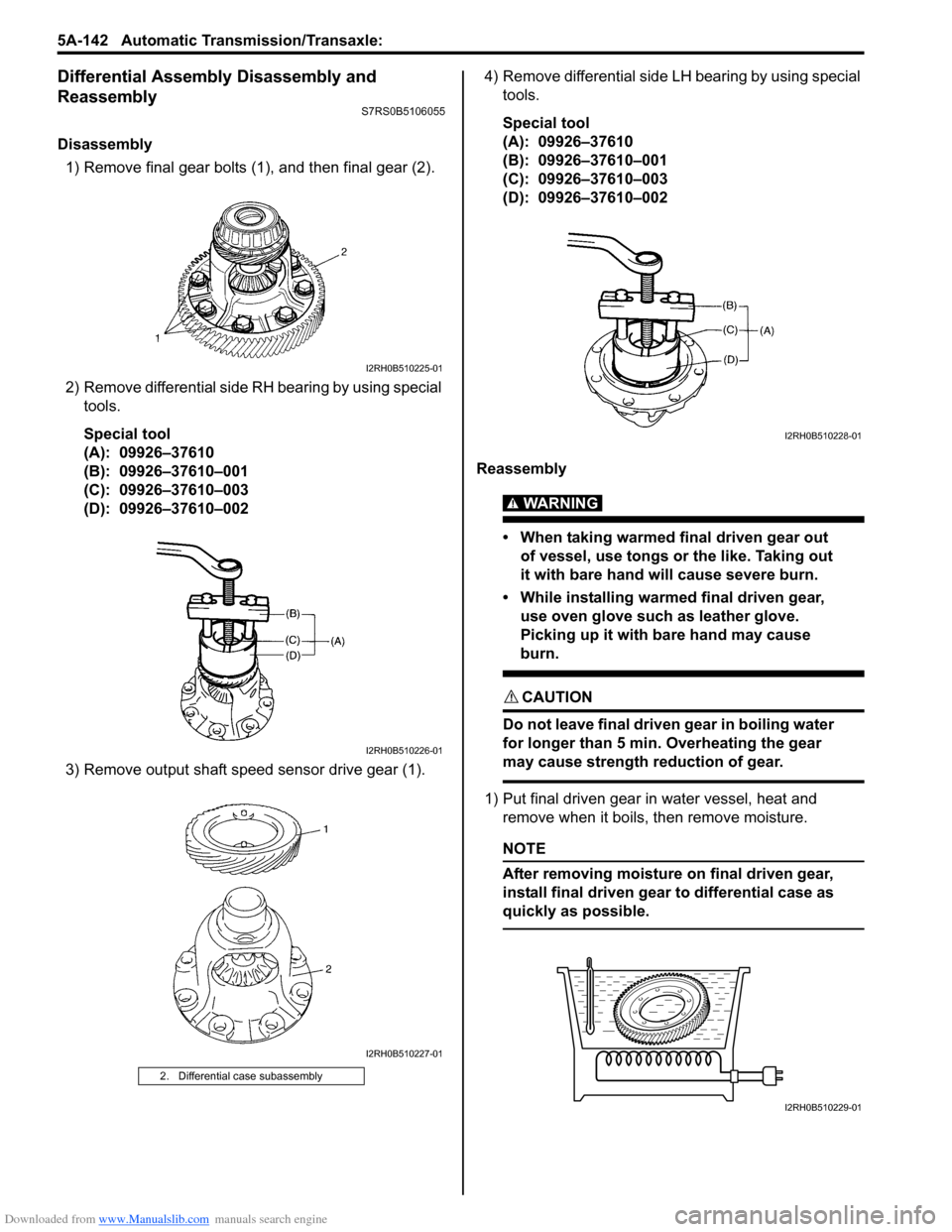 SUZUKI SWIFT 2004 2.G Service Workshop Manual Downloaded from www.Manualslib.com manuals search engine 5A-142 Automatic Transmission/Transaxle: 
Differential Assembly Disassembly and 
Reassembly
S7RS0B5106055
Disassembly1) Remove final gear bolts