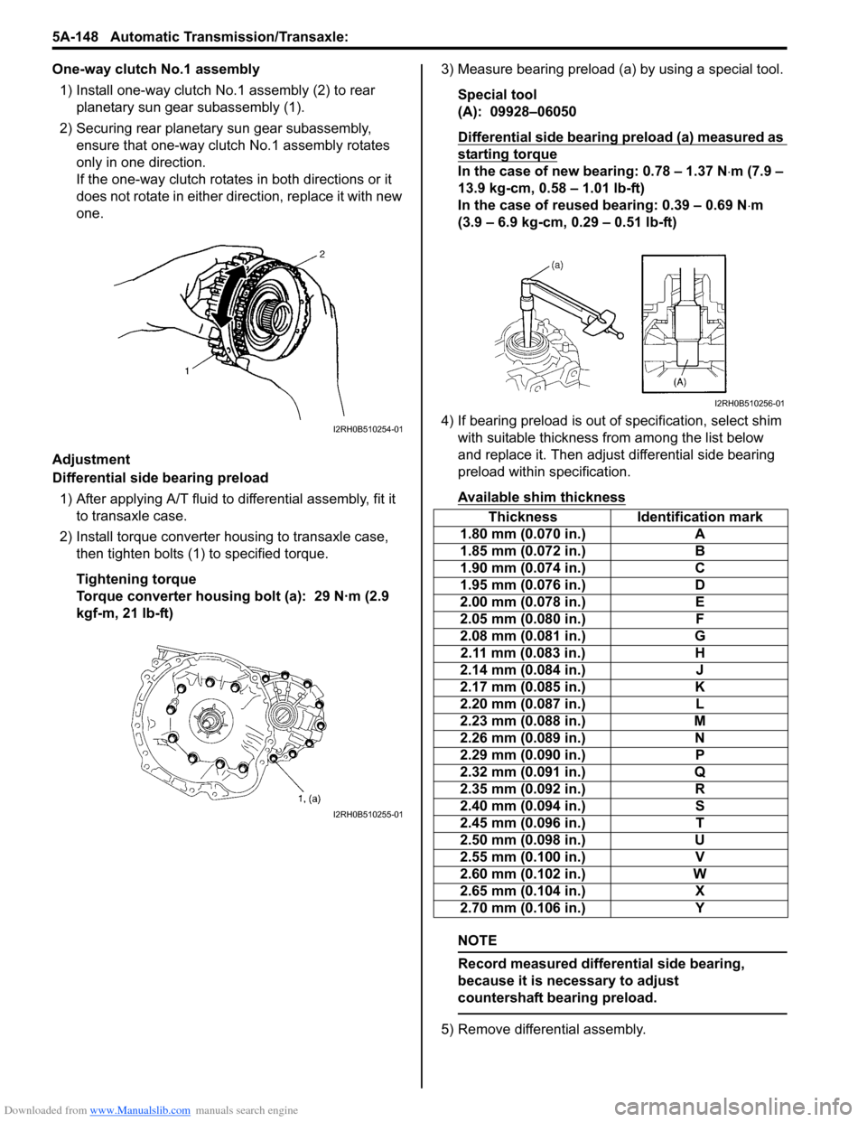 SUZUKI SWIFT 2005 2.G Service Manual Online Downloaded from www.Manualslib.com manuals search engine 5A-148 Automatic Transmission/Transaxle:
One-way clutch No.1 assembly1) Install one-way clutch No.1 assembly (2) to rear planetary sun gear s SUZUKI SWIFT 2005 2.G Service Manual Online Downloaded from www.Manualslib.com manuals search engine 5A-148 Automatic Transmission/Transaxle:
One-way clutch No.1 assembly1) Install one-way clutch No.1 assembly (2) to rear planetary sun gear s